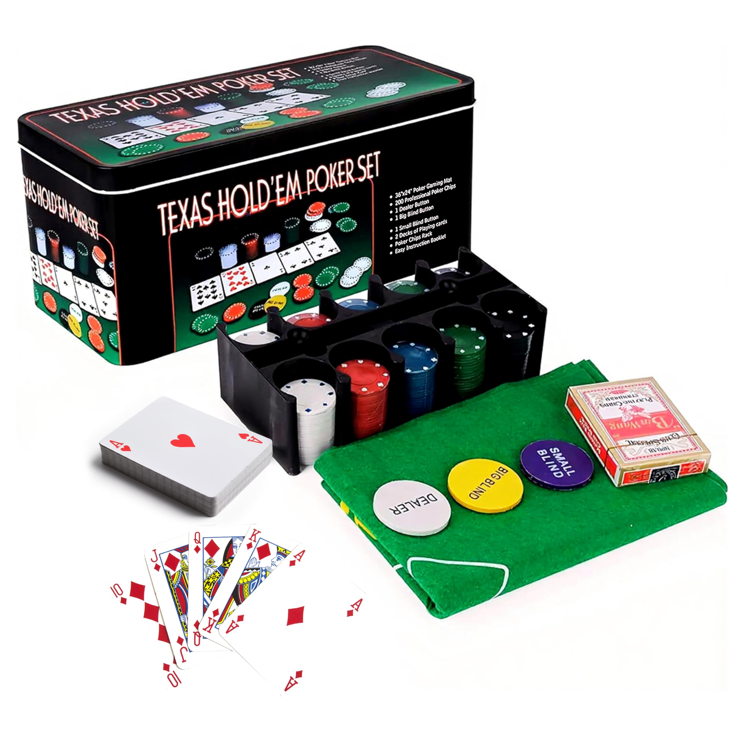 Aspect Poker Set, Casino Texas Holdem 200pcs Poker Set with Chips, Poker Mat & Tin Box, One Sided Mat, Gambling Cards & Casino Chips for Black Jack Games Complete Game Kit