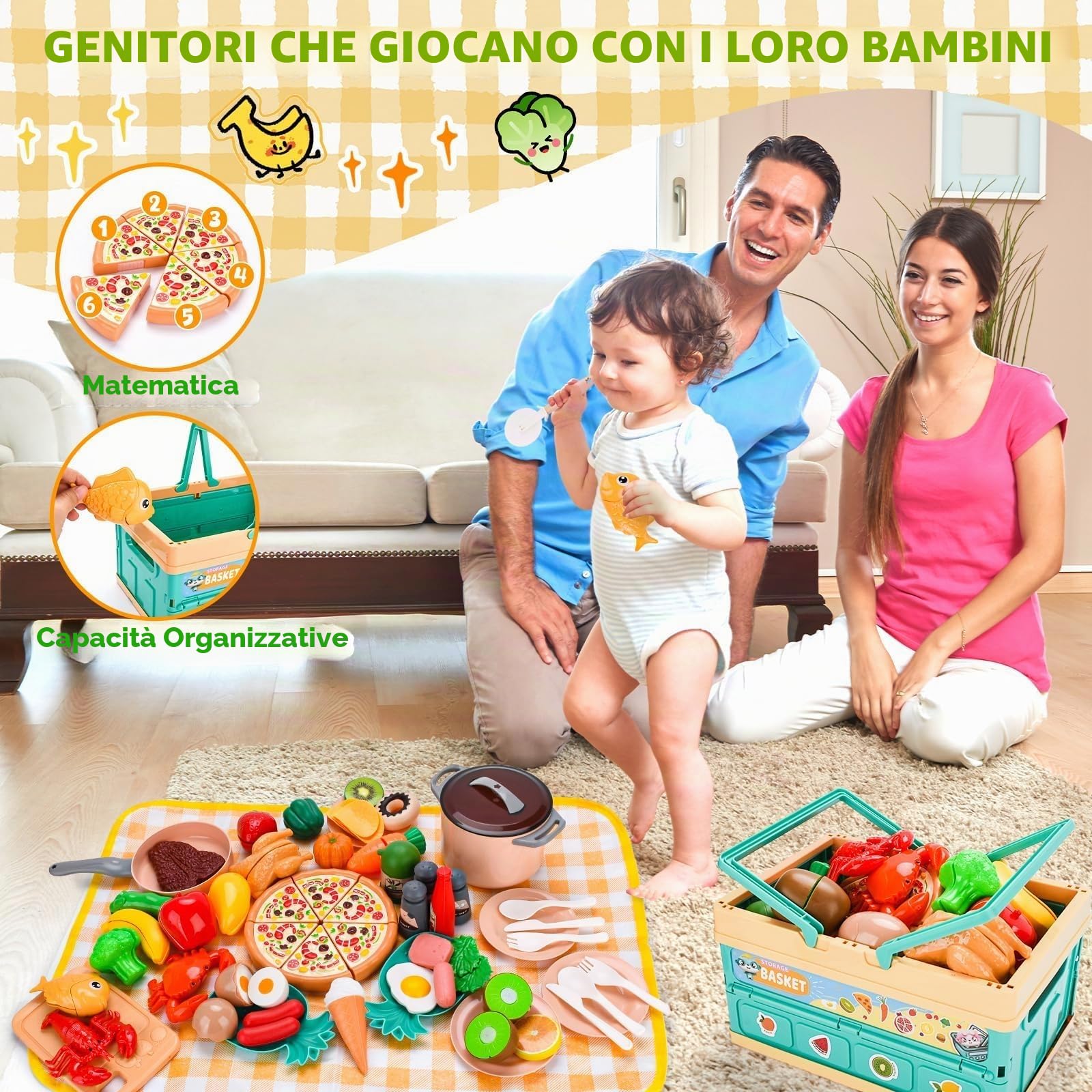 Accessorio da cucina per bambini, 72 pezzi, Dinette per bambini, cucina per bambini, set di ruolo da chef e cucine con cesto da picnic e regalo per bambine 3 4 5 6 7 anni