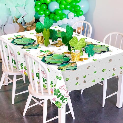 Miniatura 5 de Juego de 3 manteles para mesa del Día de San Patricio, color rosa, impermeable, trébol, para fiesta de primer cumpleaños, decoración de primer