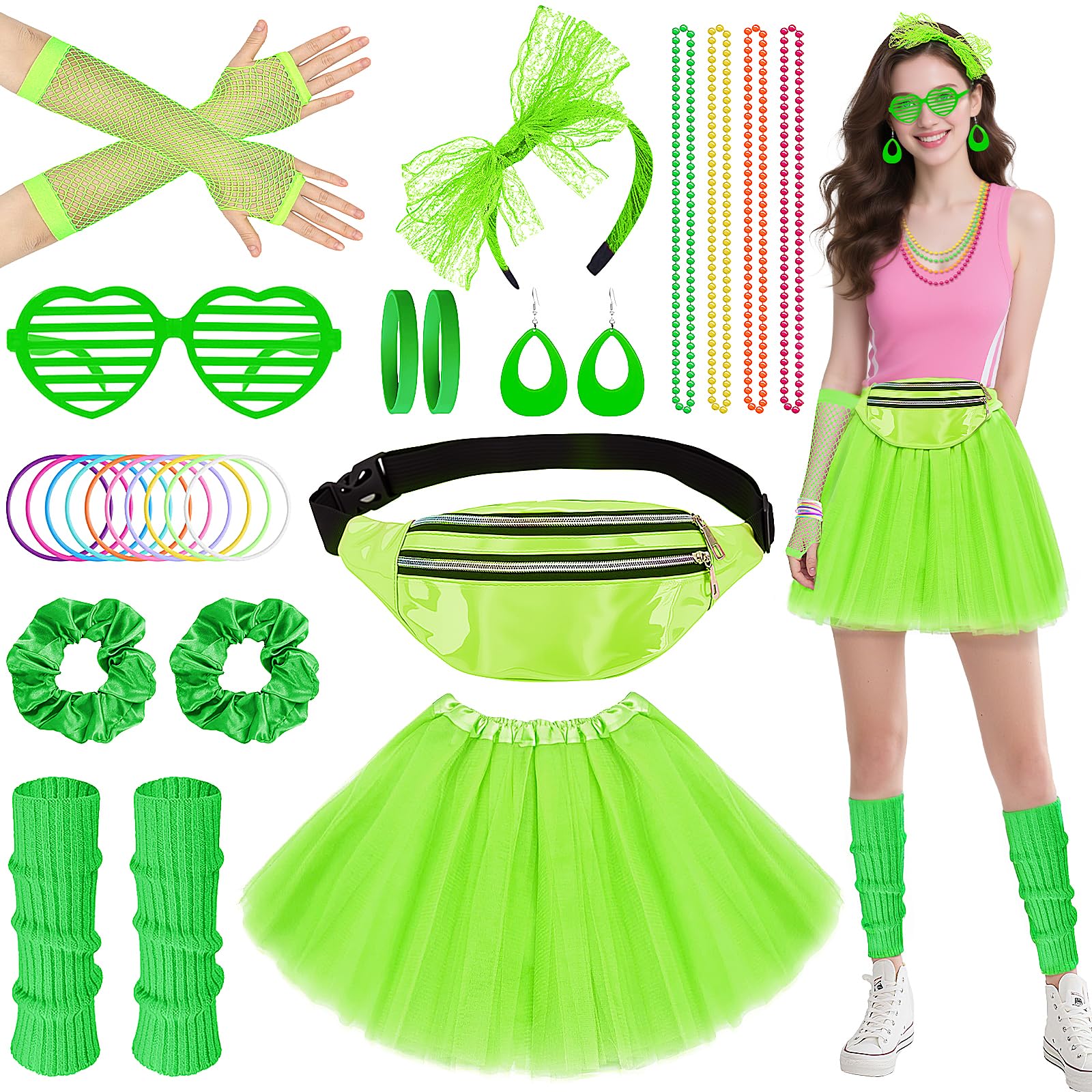 11Pcs 80s Fancy Dress for Women, Costume Outfits Accessories Set Tutu Skirt Leg Warmers Fishnet Gloves Earrings Bracelet Necklace Headband, 1980s Fancy Dress Outfit for Retro Theme Party Cosplay Dress