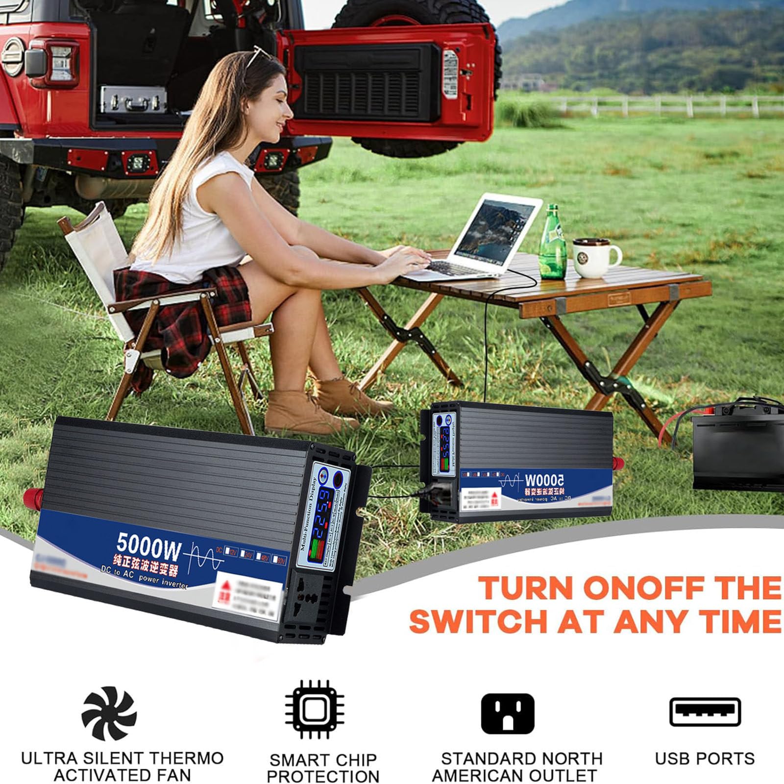 Inversor de 5000 Vatios de Onda Sinusoidal Pura CC 12 V 24 V 48 V a 220 V CA Inversores de Corriente con Tomas de Cargador de CA, para el Hogar, Camping, Vehículos Recreativos,12v