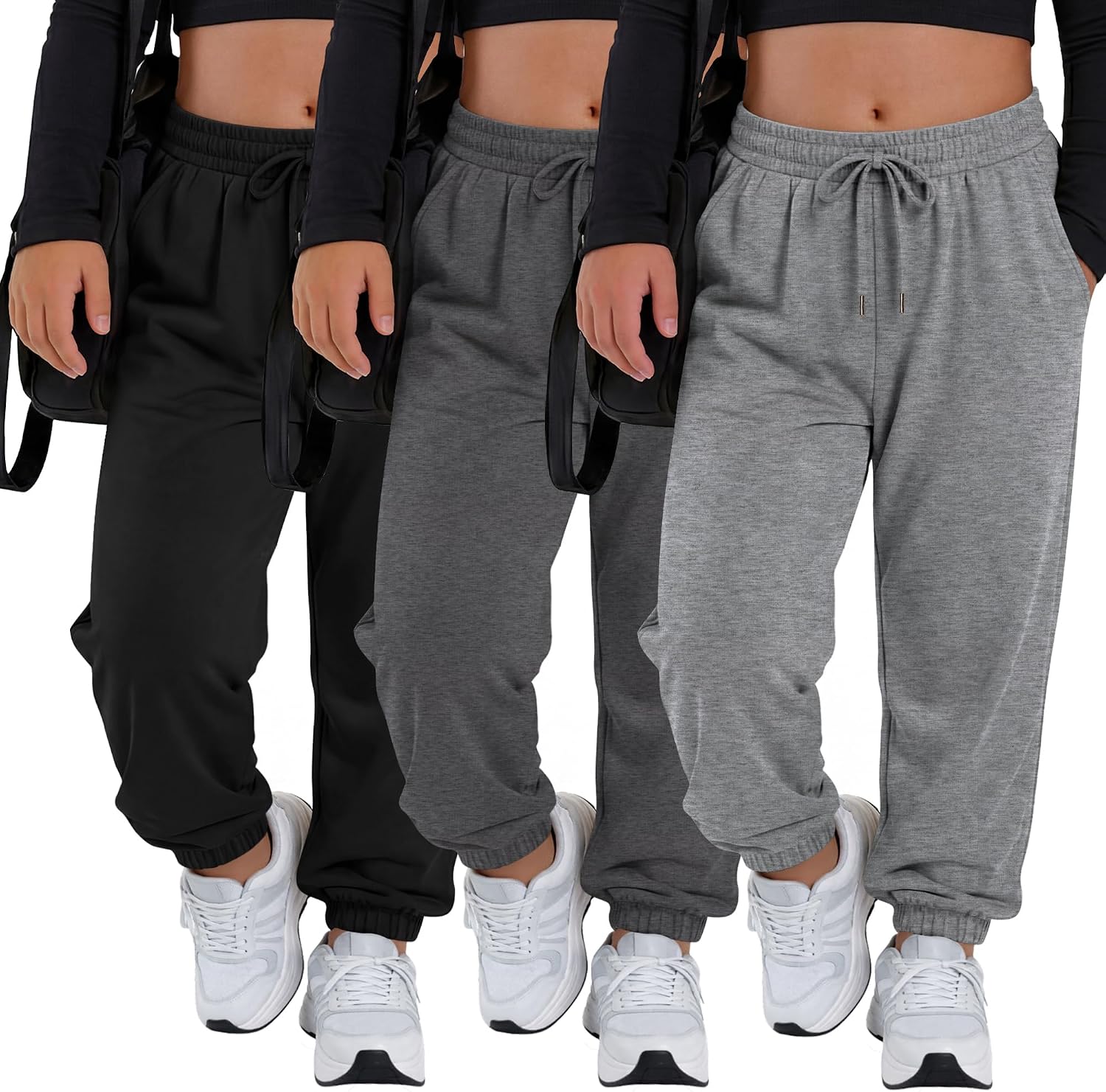 3 Pcs Girl Jogger Lightweight Sweatpant | Baggy Kids Pants for 5-14Y, Cuffed Ankle for Athletic Track, Drawstring Elastic Waist and Pockets, Casual and Soft for School