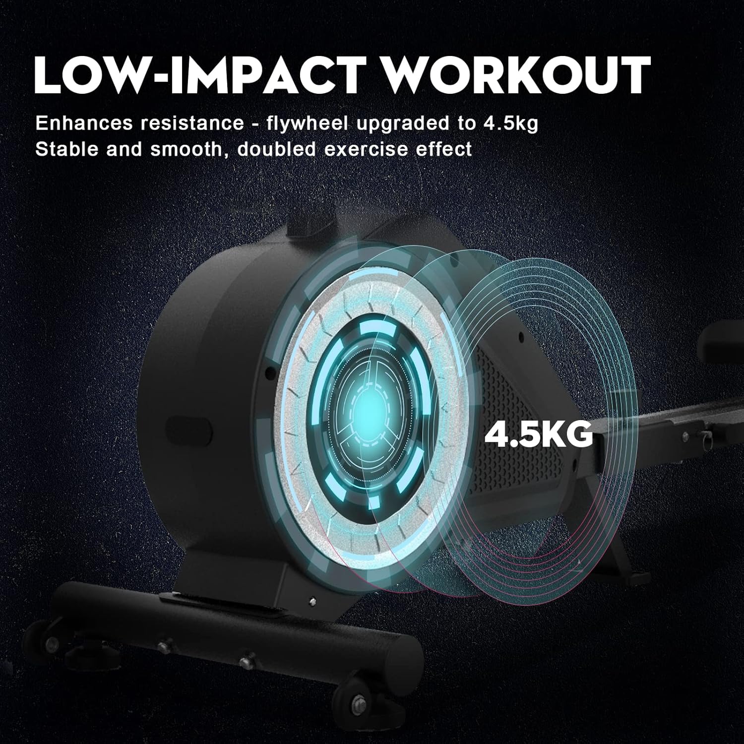 Close-up of the Neezee KH101B Rowing Machine's flywheel, indicating a 4.5kg weight for enhanced resistance and low-impact workout.