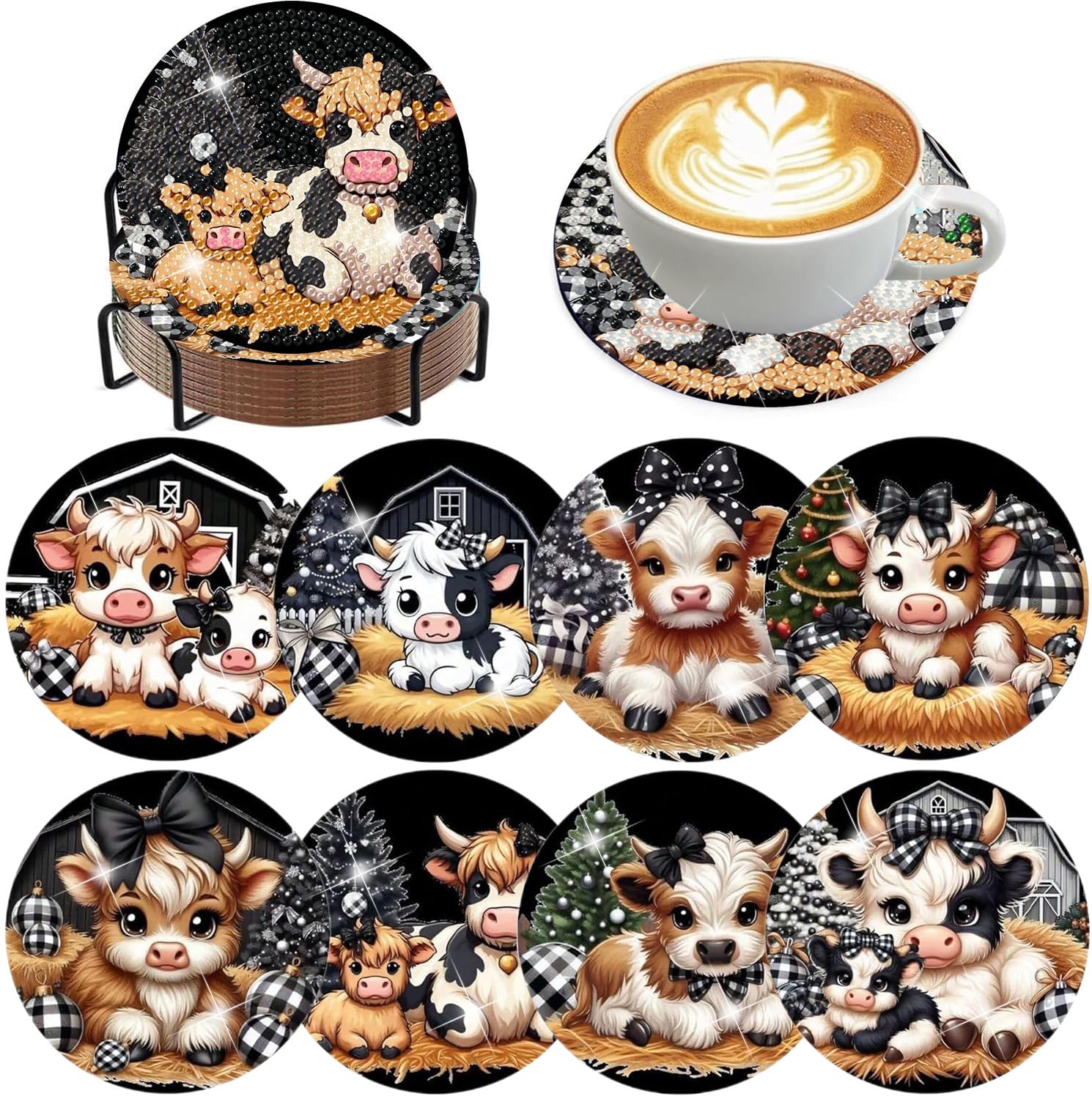 8 PCS Cow Diamond Art Coasters, Diamond Painting Coasters Kits with Holder, Highland Cow DIY Coaster for Adult Beginners, Diamonds Art Crafts Supplies