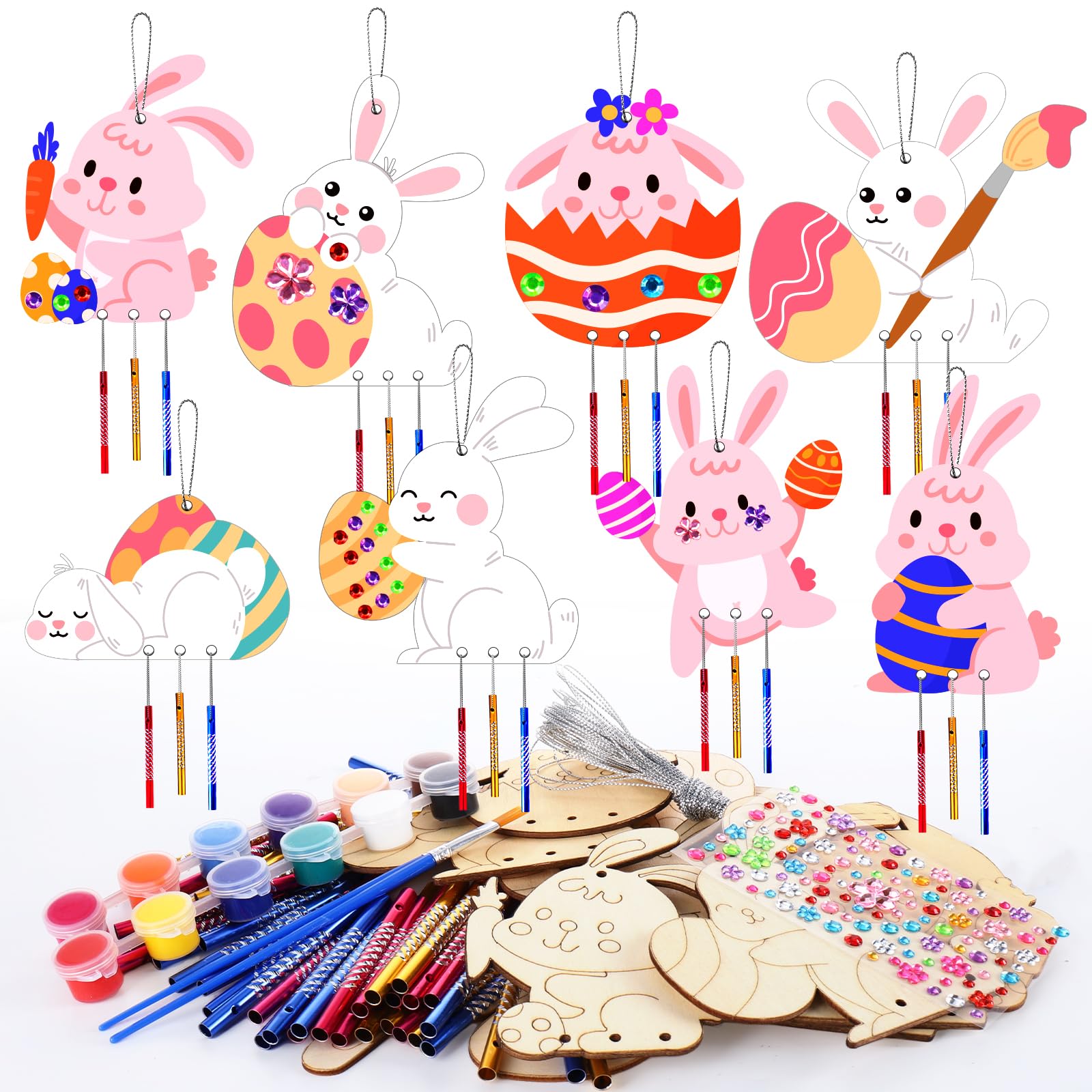 Juome 16 Pack Wooden Easter Bunny Wind Chime Kit for Kids, Hanging Ornaments Unfinished Wood Slices Rabbit Crafts for Girls Boys DIY Easters Decorations Party Favors Supplies