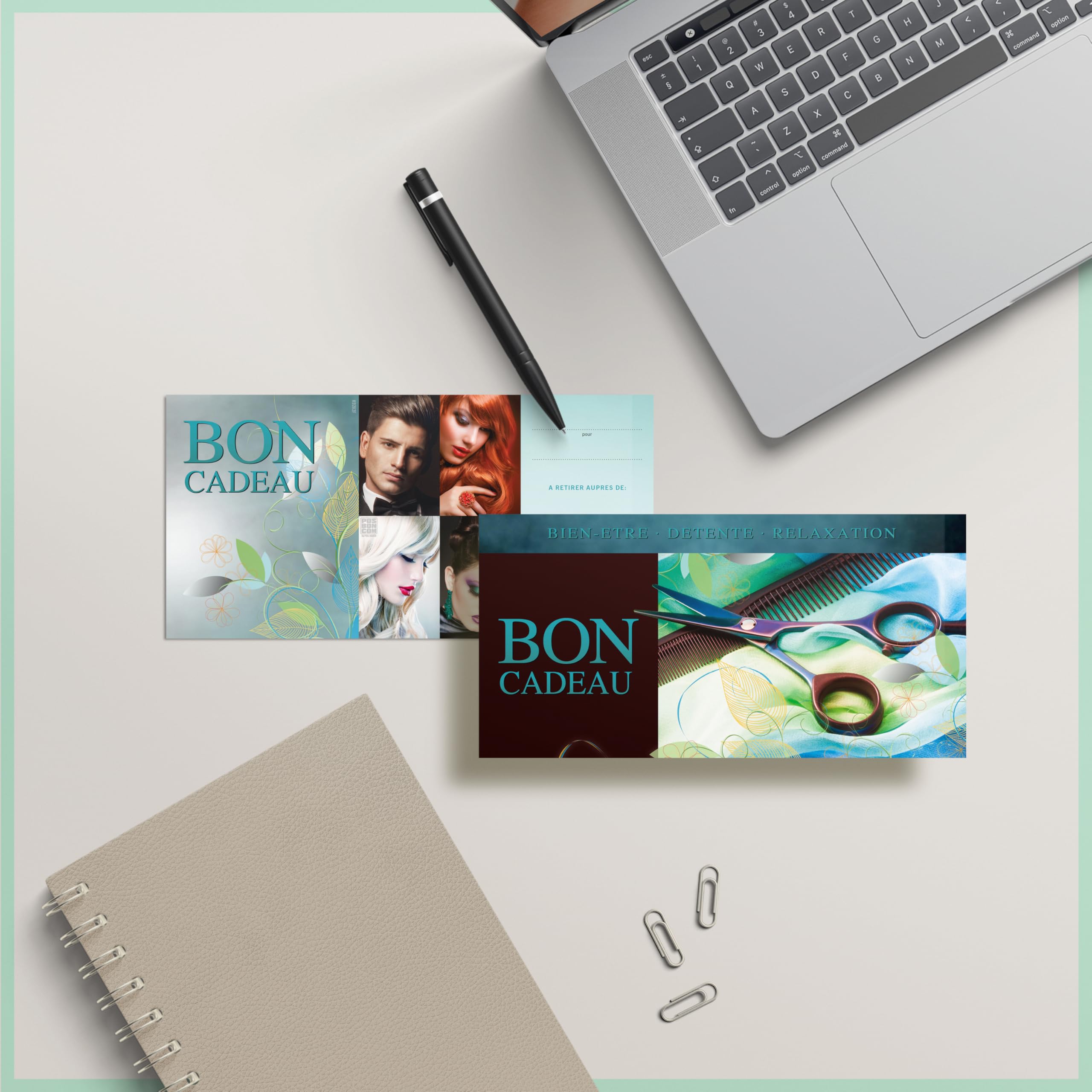 POS BON - 100 bons cadeaux à remplir avec enveloppe/nœud ruban - formulaires imprimés pour des salons de coiffure K9282F-2-100
