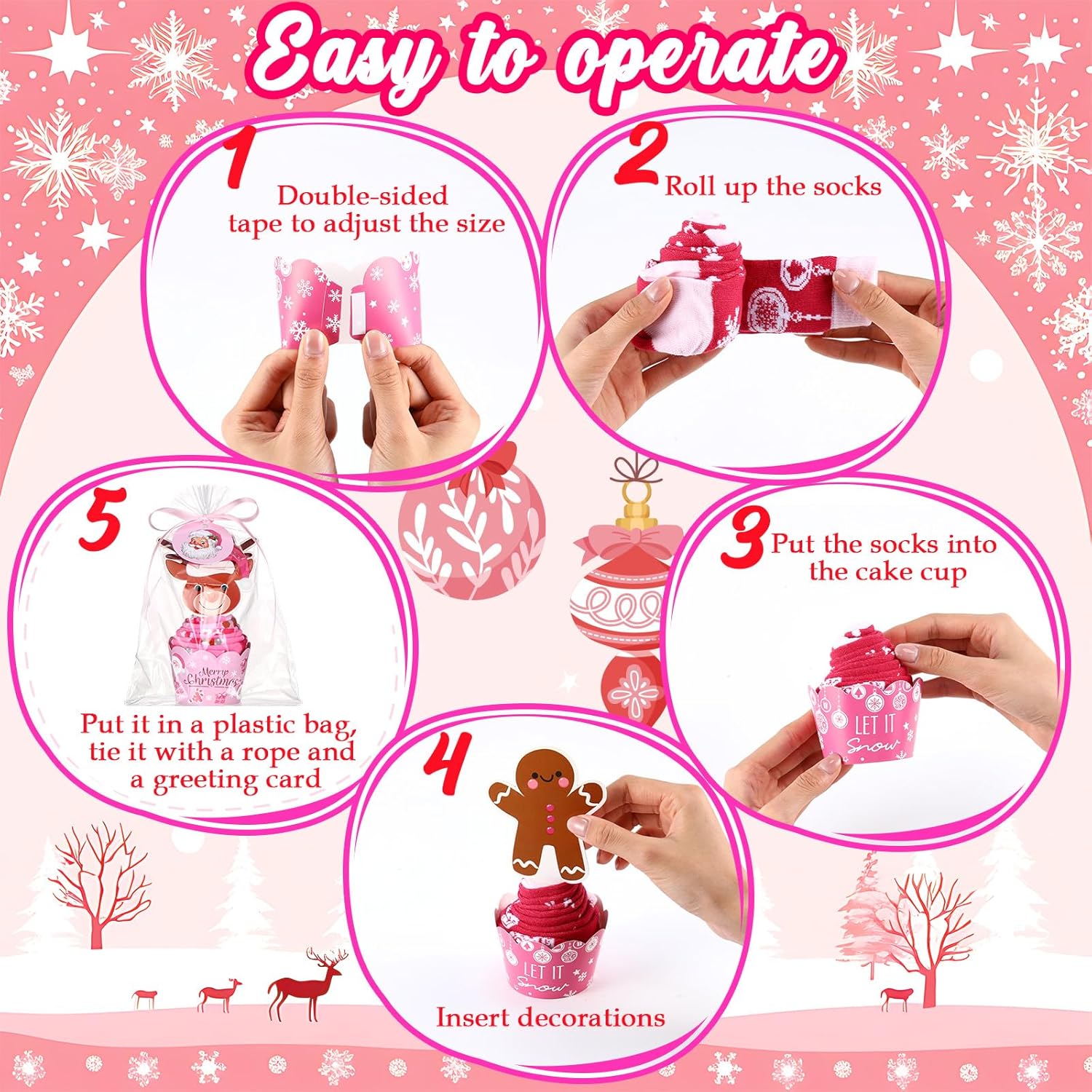 Foaincore 6 Pairs Pink Christmas Cupcake Socks for Women, DIY Christmas Socks Gifts with Cupcake Packaging, Xmas Pink Gifts with Greeting Card for Women Girls Mother - Image 6