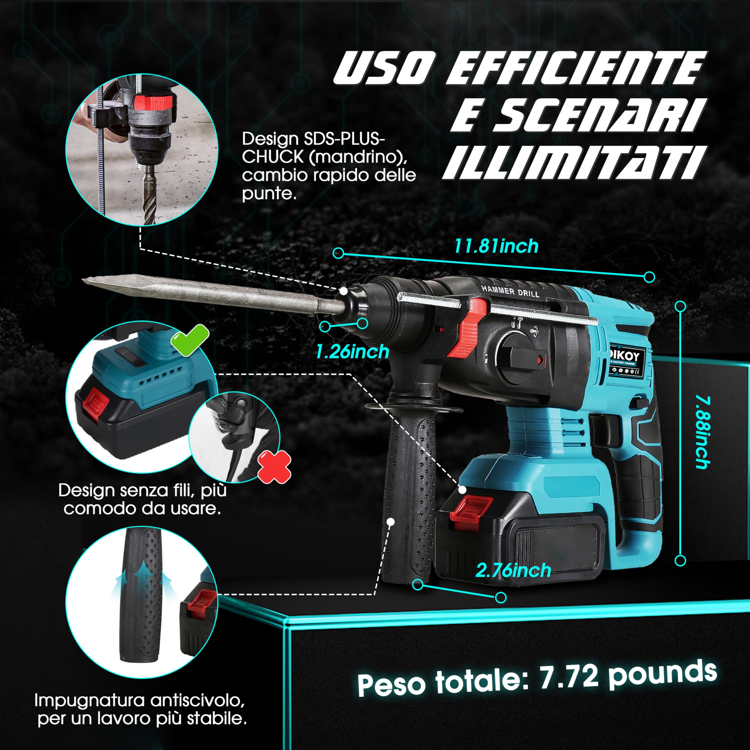 Martello Demolitore Senza Fili 21V, Tassellatore a Batteria con Motore Senza Spazzole, 3 Modalità, Fino a 32 mm, Velocità di 4000 BPM, Impugnatura Regolabile a 360° e Batteria Makita Compatibile