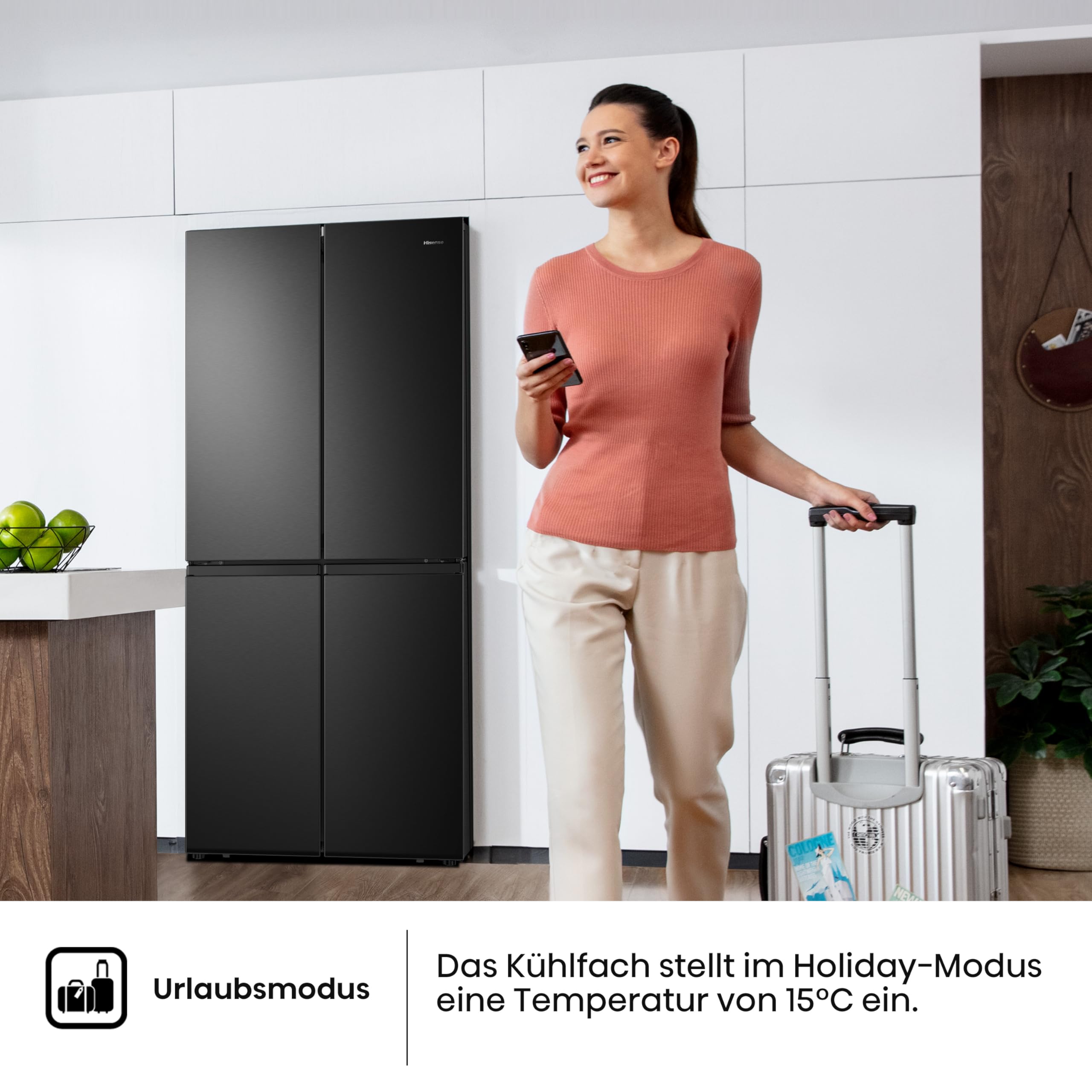 Hisense RQ563N4SF2 Cross Door Kühl-Gefrierkombination/ NoFrostPlus/ Inverter-Kompressor/ HolidayMode/ SuperCool/ 181 cm/ Kühlteil 294 l/ Gefrierteil 160 l/ 40 dB/ 279 kWh/ Jahr/ Schwarz