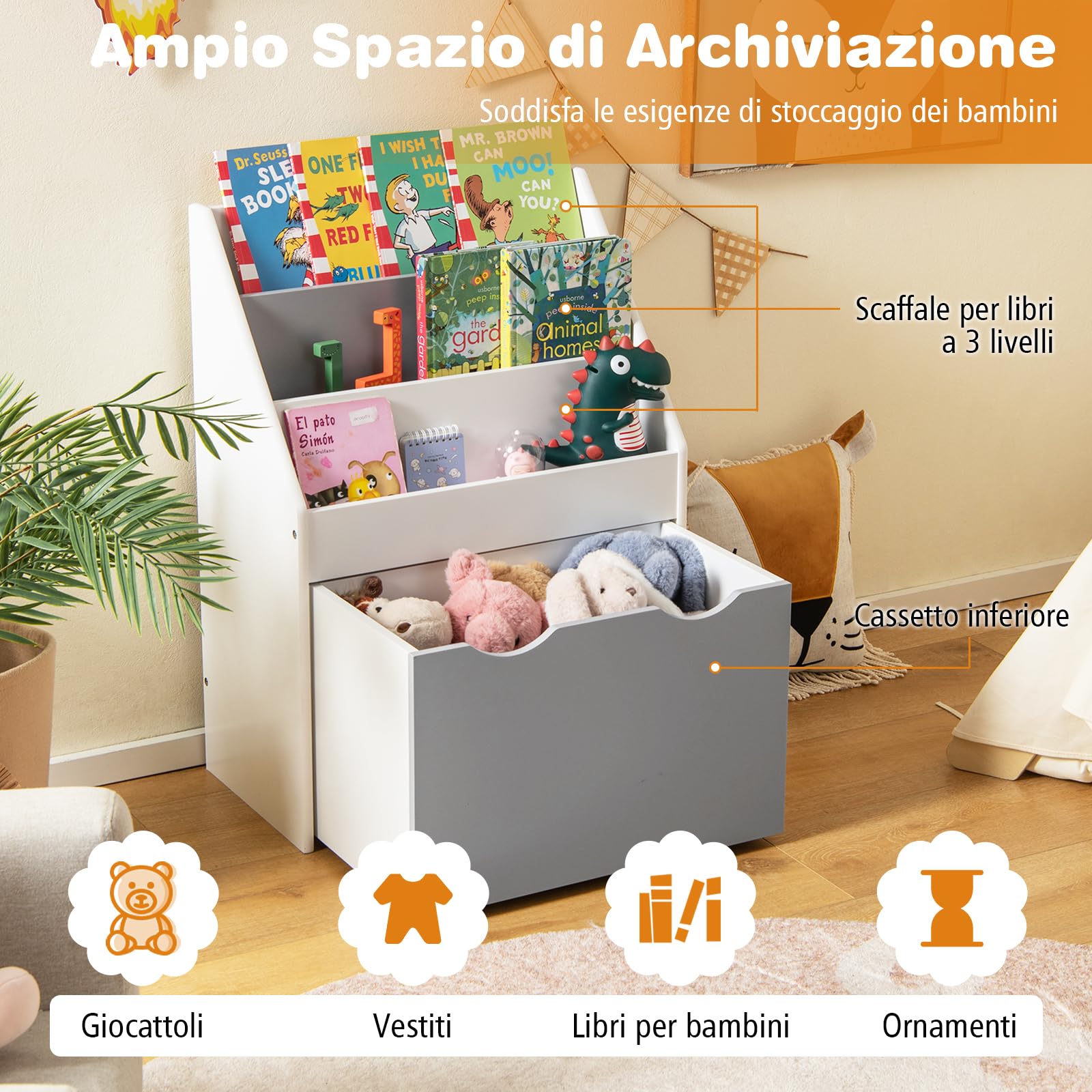 COSTWAY Libreria Montessoriana per Bambini, Scaffale per Libri a 3 Livelli con Cassetto Inferiore e 4 Ruote, per Cameretta, Stanza dei Giochi e Asilo, 50 x 28 x 70 cm, Grigio e Bianco