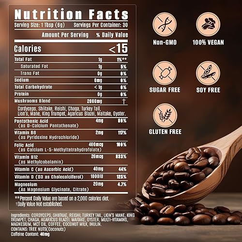 Miniatura 2 de Café de hongos 10 en 1 (melena de león, cordyceps, cola de pavo y otros) Multivitaminas de magnesio Ashwagandha, 2000 mg de café instantáneo de