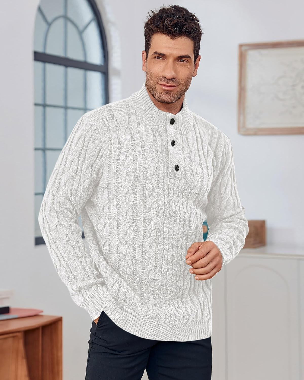 Beotyshow Mens Stand Collar Pullover Sweaters Cable Knitted Solid Twisted Thermal Sweaters with Buttons for Men - Image 3