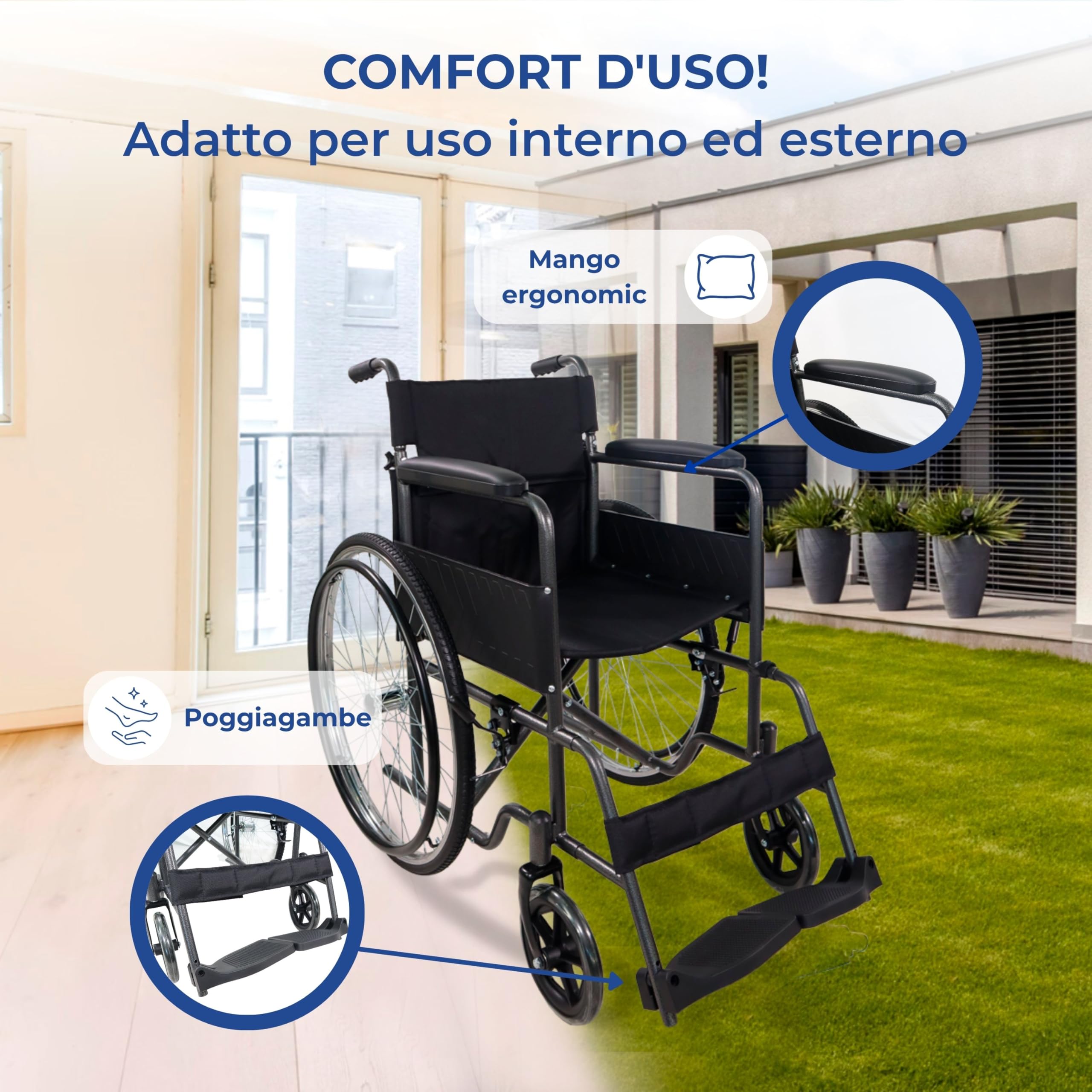 Mobiclinic®, Sedia a Rotelle Pieghevole, Denver, Marchio Europeo, Seduta 46 cm, Freno Manuale, Schienale Rimovibile, Poggiapiedi, Robusta, Carrozzina (Grigio)