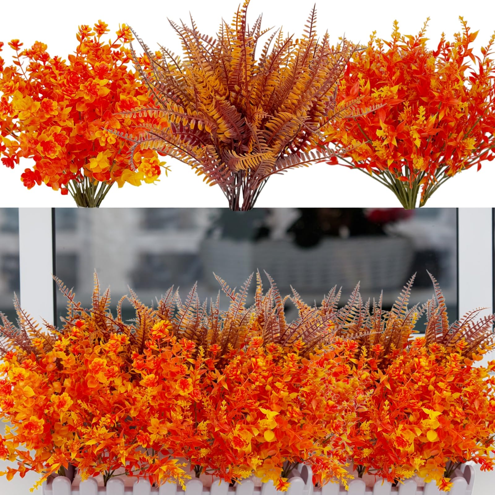 18PCS Outdoor Autumn Artificial Plants Faux Fall Decor UV Resistant Bulk Realistic Fake Bushes Grass Eucalyptus Fuax Plastic Shrubs Front Porch Patio Garden Window Thanksgiving Home Decor (Orange)