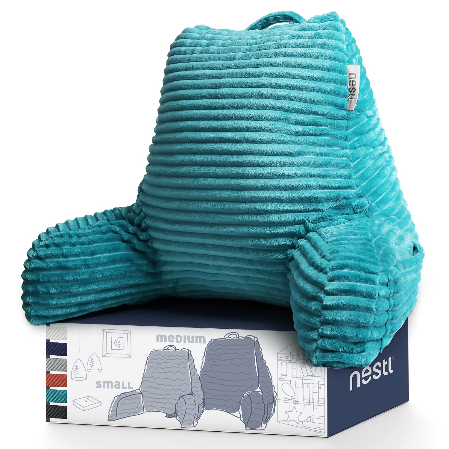 Nestl Reading Pillow for Bed Adult – Back Pillow for Sitting in Bed, Standard Plush Bed Pillows for Sitting Up in Bed, Shredded Memory Foam Bed Chair Pillow with Arms and Pockets, Teal Bed Rest Pillow