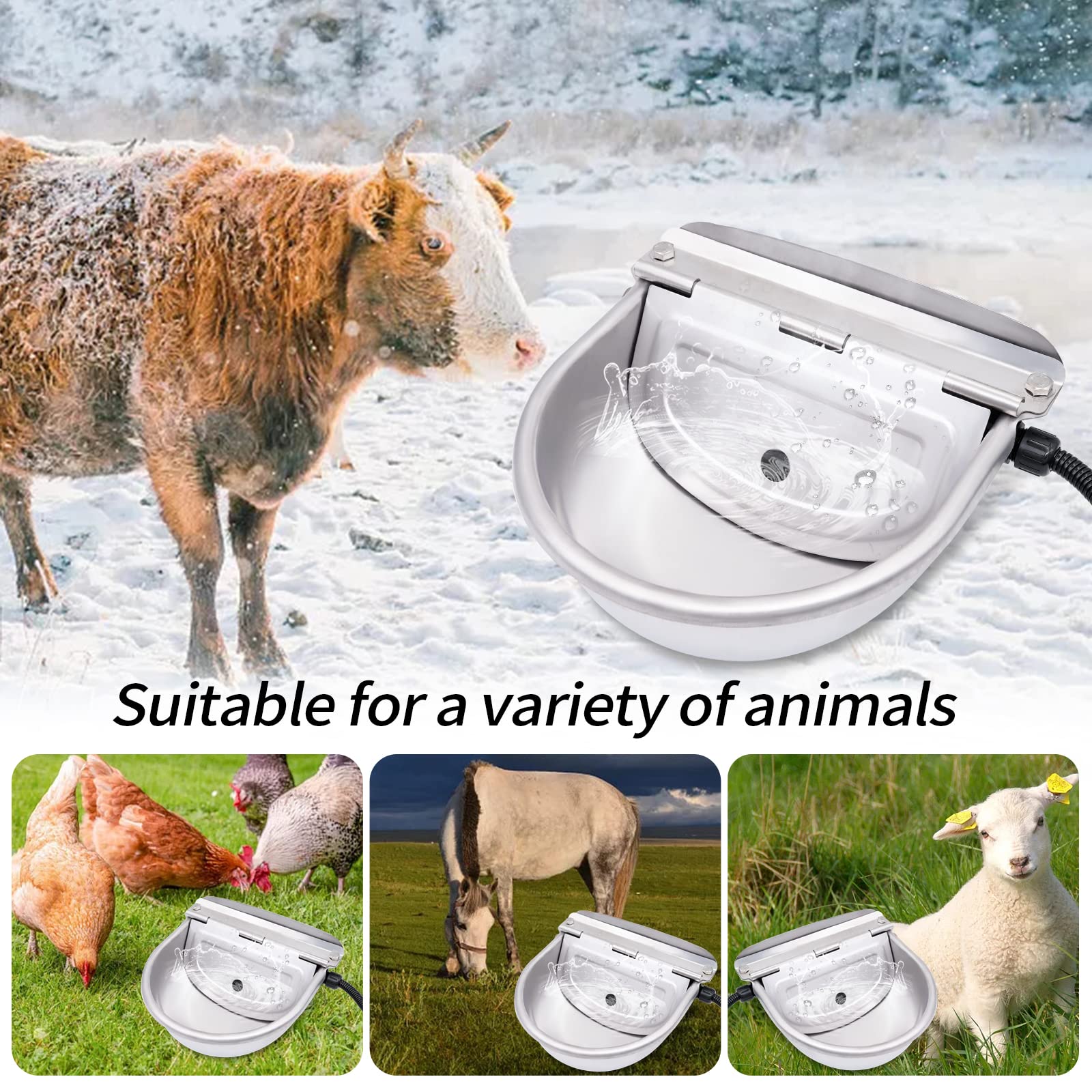Abreuvoir Chauffant Automatique en Acier Inoxydable 220V, avec Robinet à Bille Réglable pour Chevaux, Bovins, Vaches, Chiens, Chèvres, Moutons et Porcs