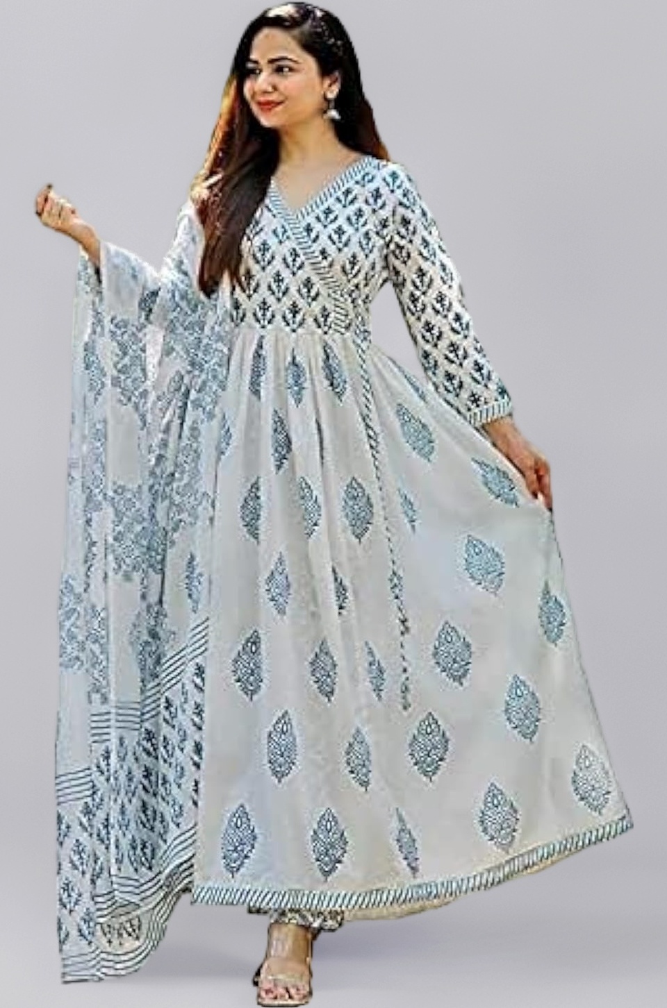 MEERA FAB Women's Cotton Printed White Anarkali Kurta with Palazzo & Dupatta Set