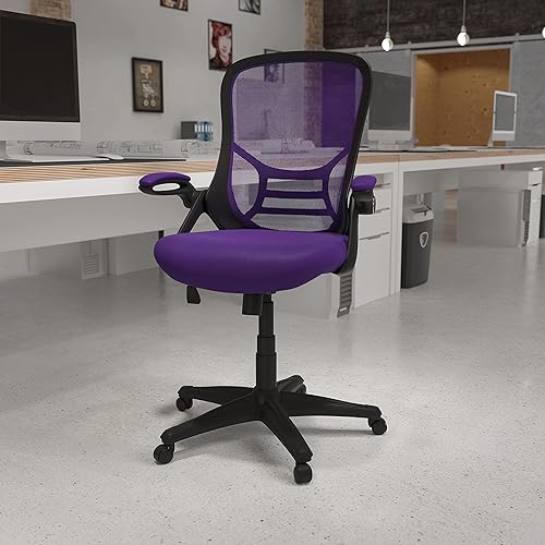 Miniatura 2 de Flash Furniture Silla de oficina giratoria ergonómica de malla morada con respaldo alto con marco negro y brazos abatibles, 26.5 pulgadas de