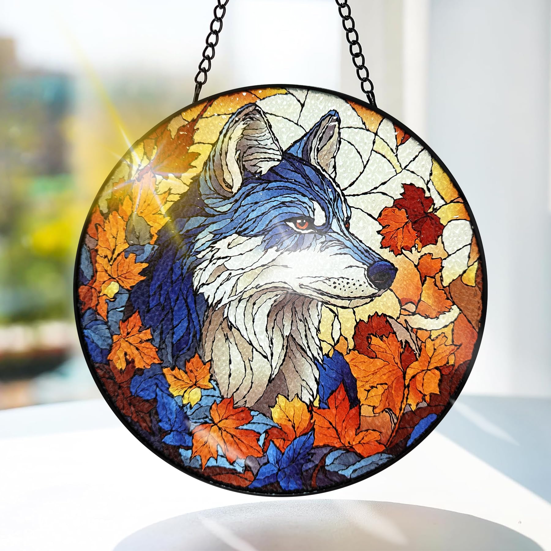Bimkole Wolf Stained Glass Suncatcher Window Hanging, Animals Design for Indoor Window or Doorway Decoration