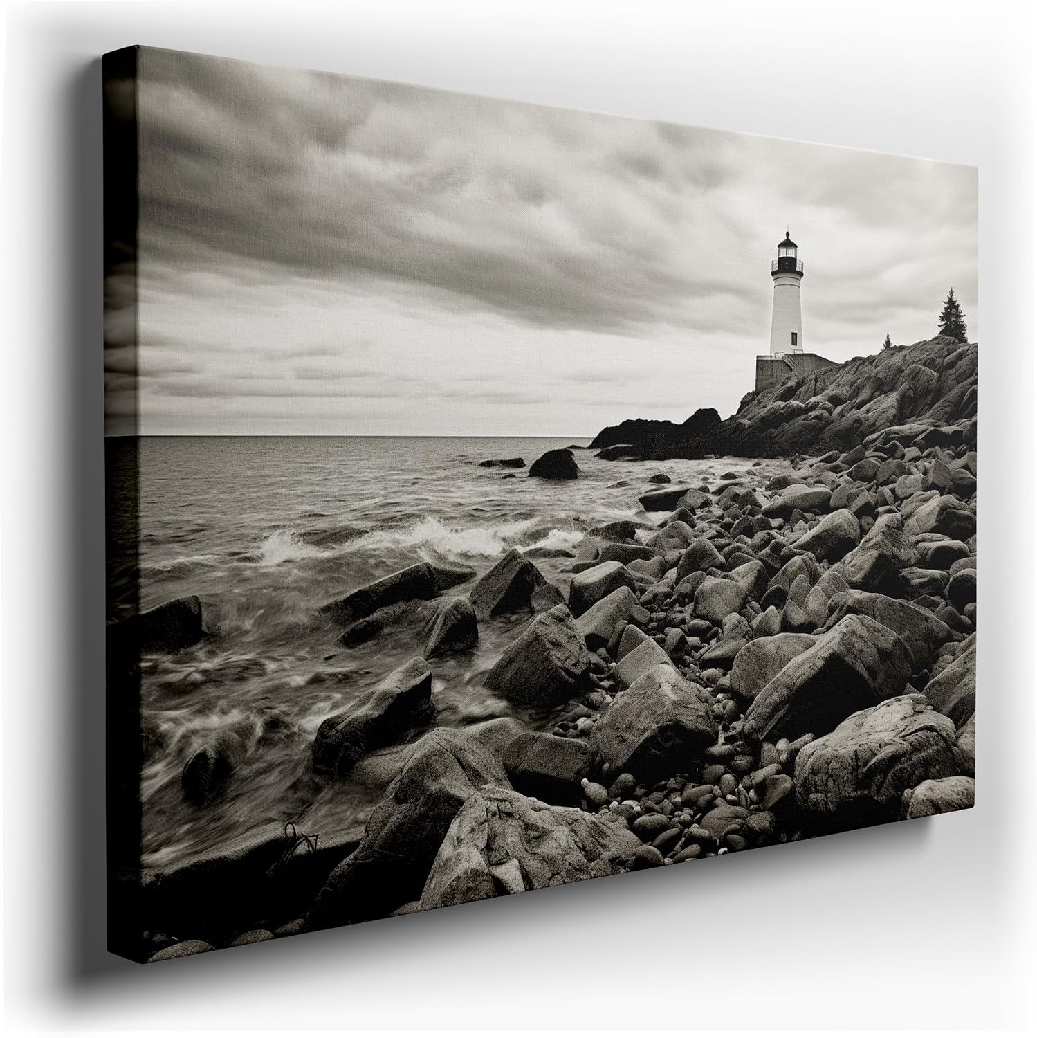Canvas for Living room. Lighthouse Watch: A Monochrome Masterpiece Capturing Nature's Grandeur, 27 x 18 inch Canvas Wall Art - Contemporary Masterpieces - Modern Home Decor