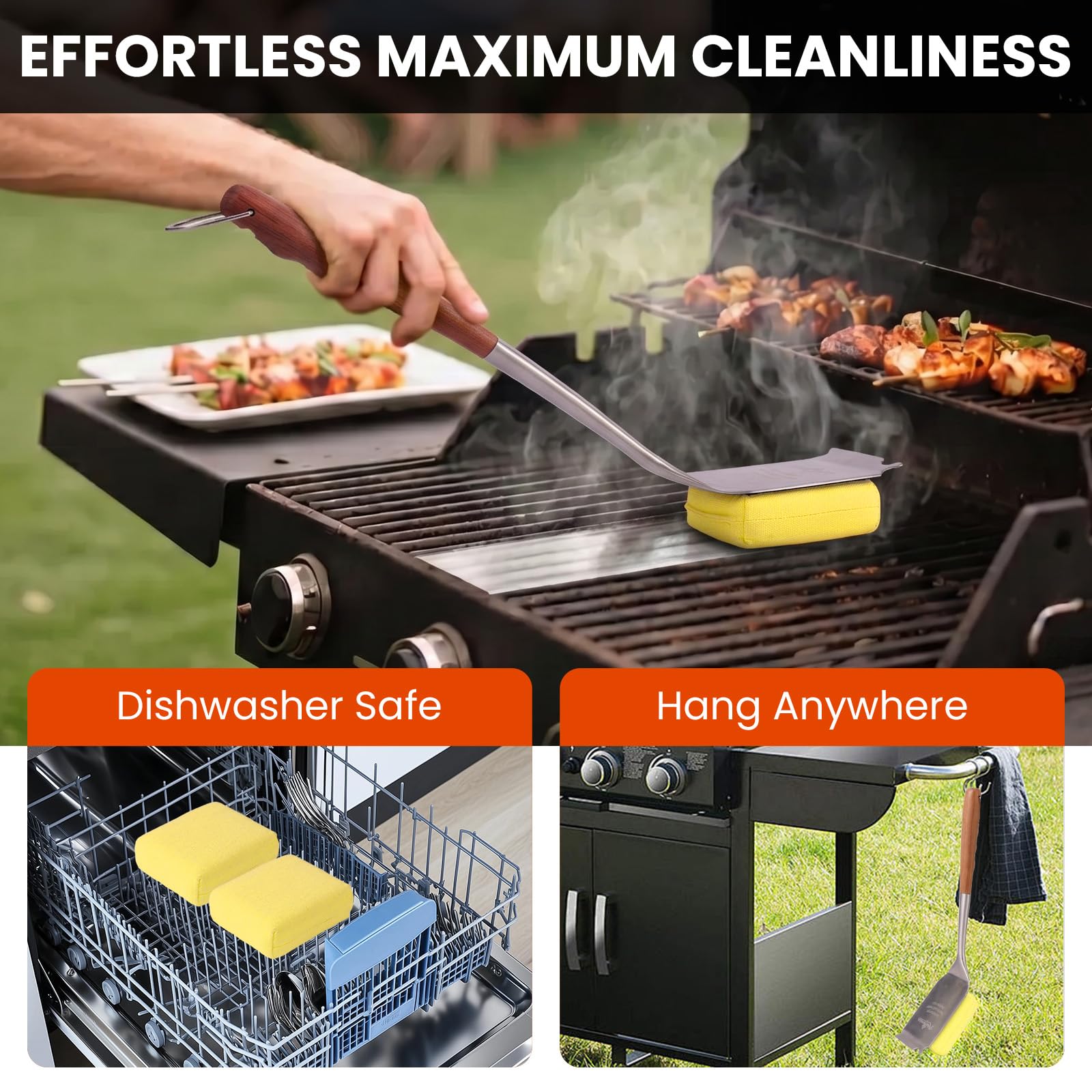 Grillbürste für Outdoor-Grill, borstenfreie Grillbürste mit Schaber, sicherer Dampfgrillreiniger für BBQ & Grillplatte, langer Rosenholzgriff erreicht Ecken, für Porzellan, Gusseisen & Edelstahlroste