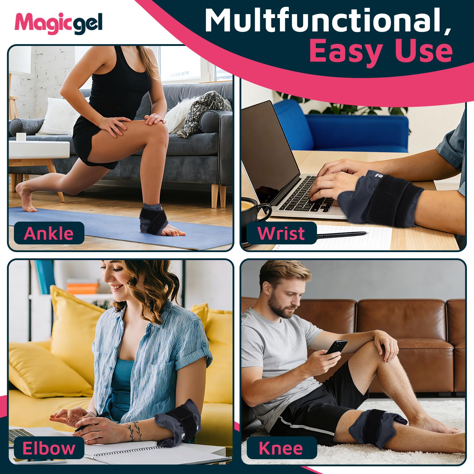 Magic Gel Cavigliera Ghiaccio per Gonfiore e Distorsioni, Impacco Gel Riutilizzabile Caldo/Freddo per Infortuni alla Caviglia e Tendinite d’Achille, Fascia Regolabile per Ginocchio, Gomito e Polso