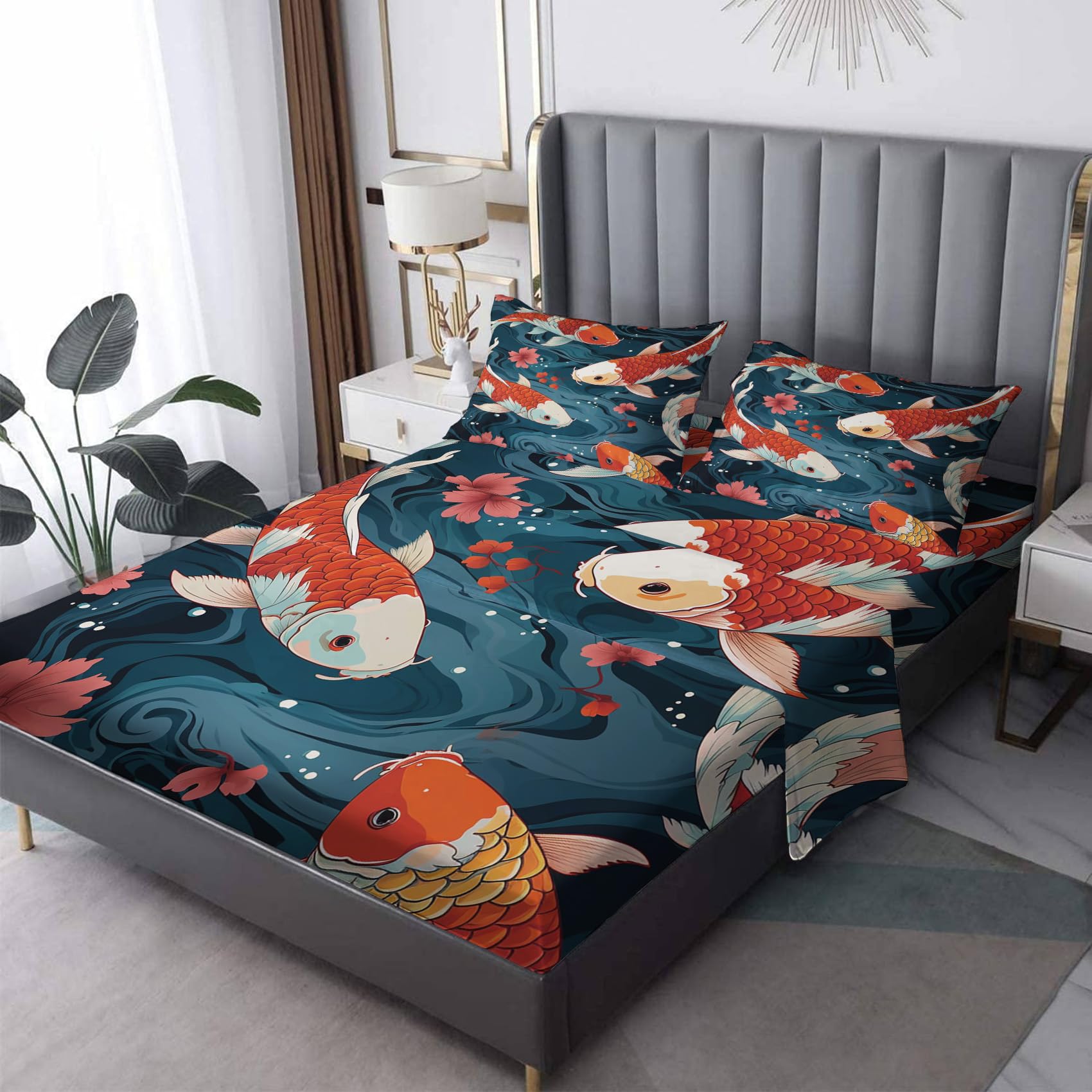 Zvynqour - Koi Full Sheet Set - Japanese Style Fitted Sheets with Deep Pockets & Flat Sheets & Pillowcases - 4 Piece Set, Bedding & Fish Decor -