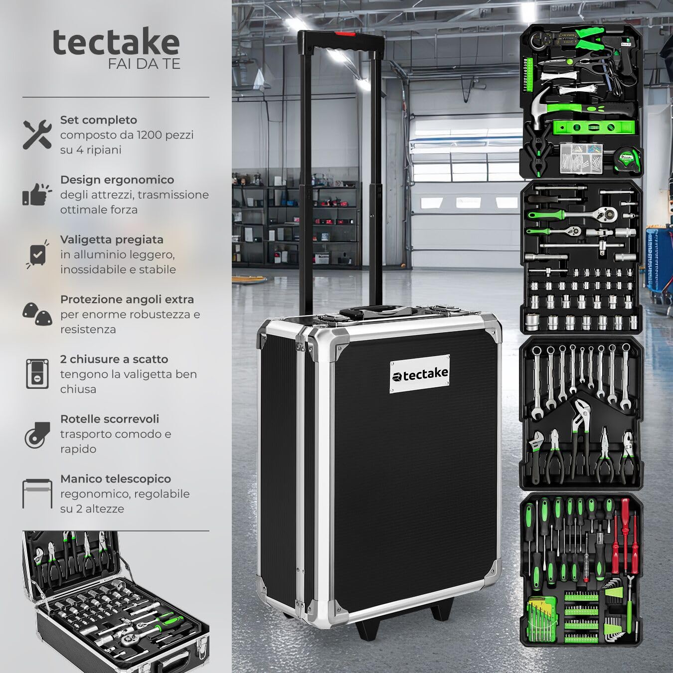 tectake® 1200 Set di Attrezzi Trolley, Valigia Alluminio, Porta utensili, Portautensili, Cassetta, Valigetta da Lavoro, Attrezzi da Lavoro, Trolley Porta Attrezzo