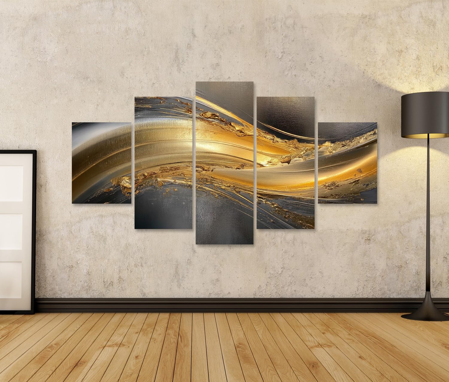 islandburner Bild auf Leinwand Dynamischer Goldschimmer Kunstdruck Wohnzimmer Für Kunstliebhaber - 5-teilig