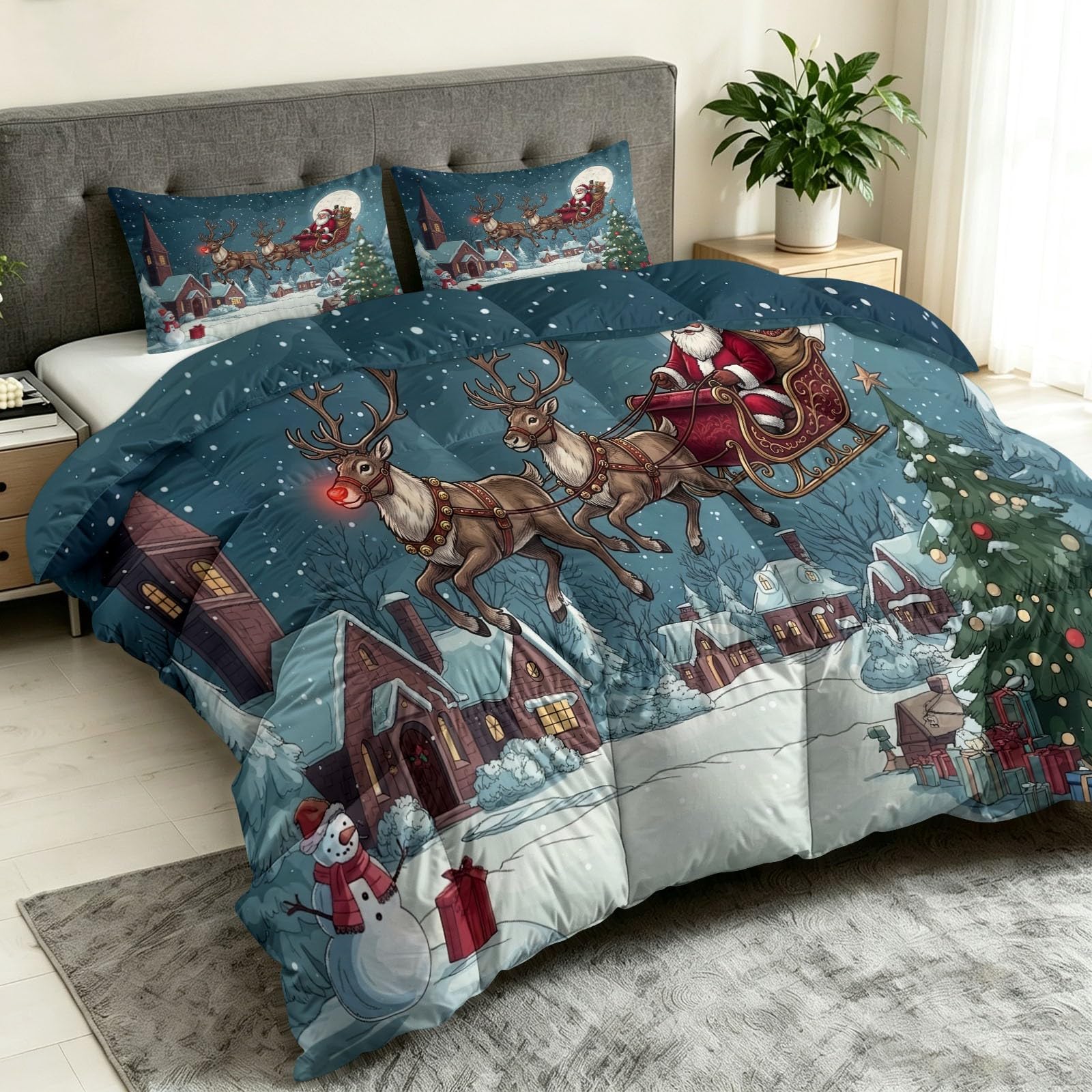 Kołdra 200 x 220 cm, na 4 pory roku – z kreskówki, Boże Narodzenie, pikowana, nadająca się do prania, cienka, lekka kołdra letnia, Święty Mikołaj bałwan, małe miasteczko, drewniana chatka, letnia