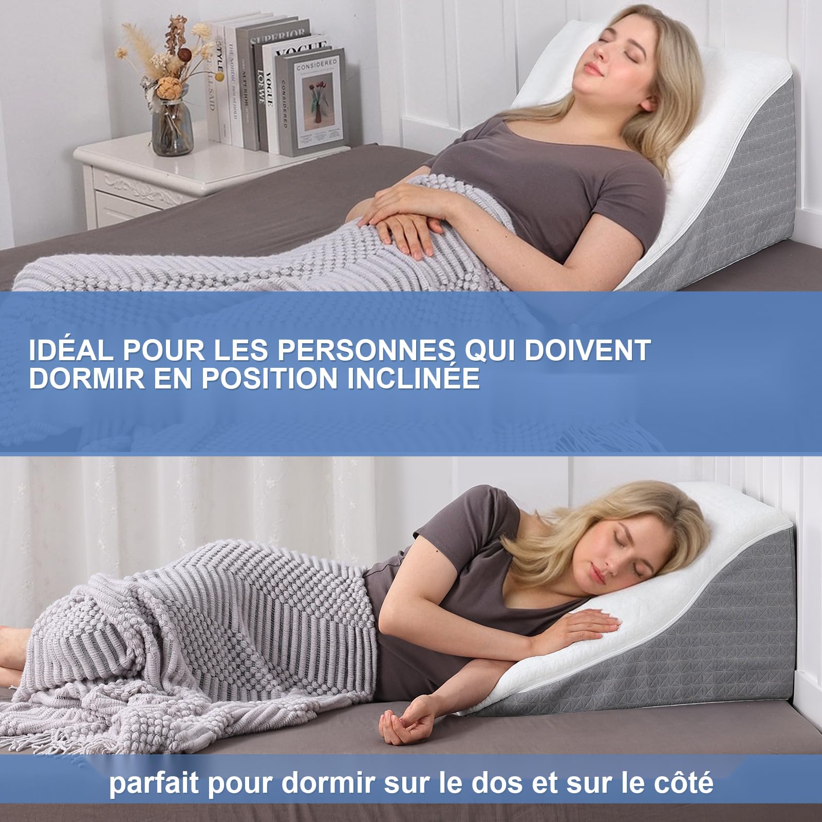 Lesekissen für Bett und Sofa Ergonomischer Keilkissen Zweischichtiges Design Memory Schaum Rückenlehne für Reflux Schlafapnoe, Perfekt Rückenkissen für Rückenunterstützung(55x55x25)