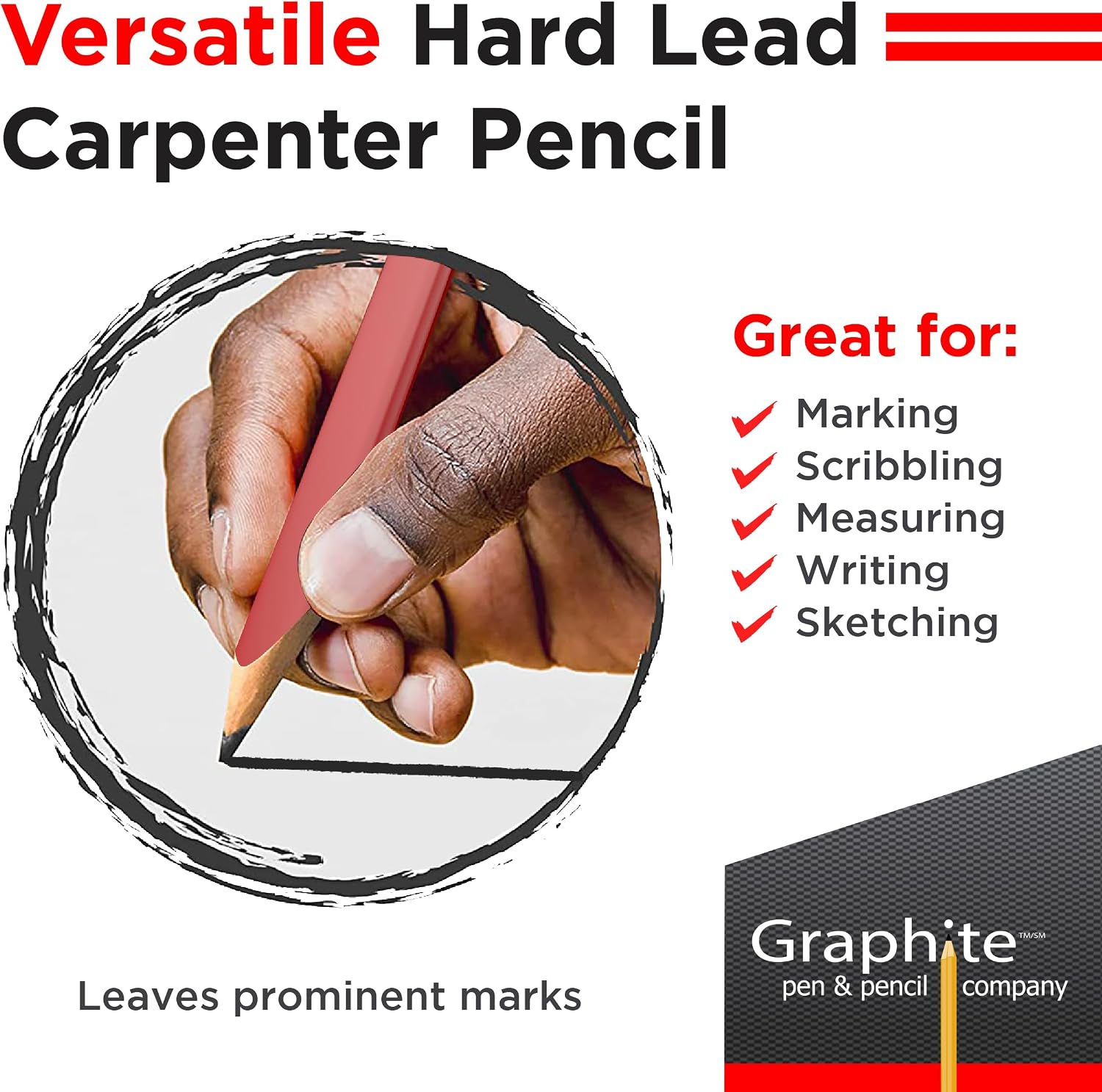GRAPHITE Hard Lead Carpenter Pencils Bulk - (1) Pack of 12 Pieces Lumber Wooden Pencil #2 (HB) - Red image 4