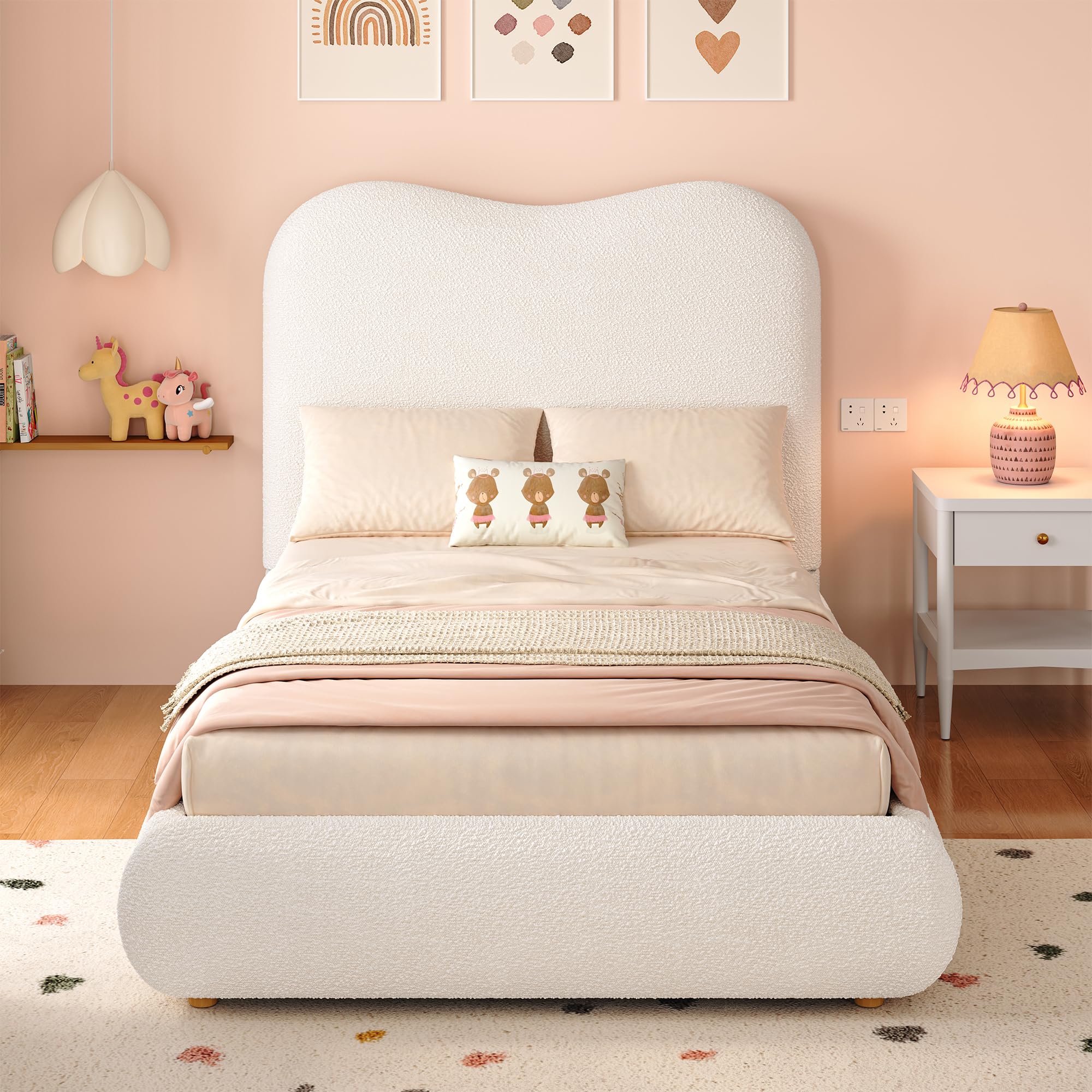 Letto Tessile 90x200cm con Sommier a doghe stabili e Struttura Letto Singolo fissa in metallo boucle mdf con cassone idraulico spalliera moderna camera casa Beige
