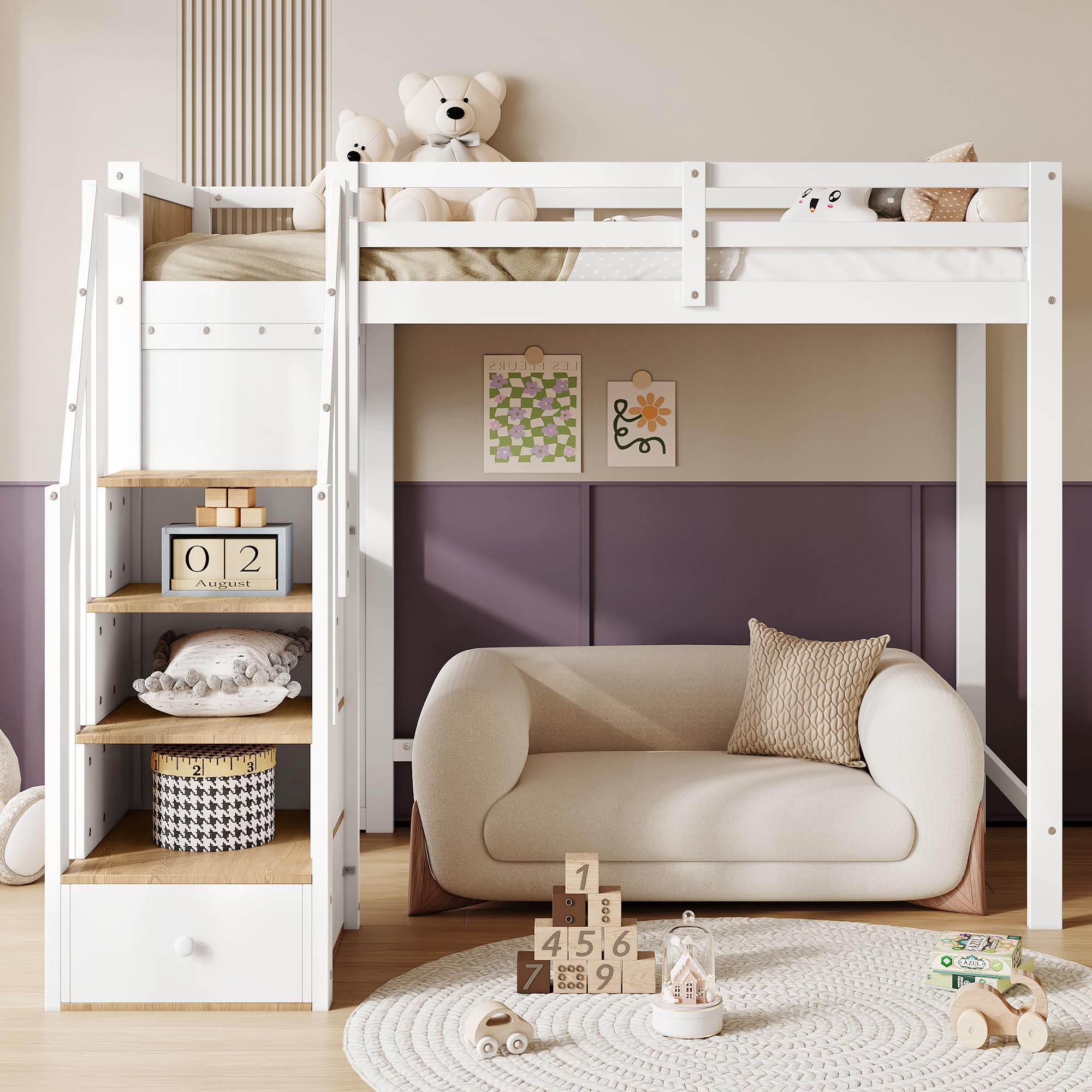 Lit Superposé 90x200 Bois de Pin Lit Tiroir avec Support à Lattes Sommier avec Compartiment de Rangement sans Matelas avec 3 Tiroirs avec Bureau Intégré avec Escalier Logement