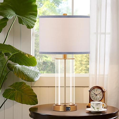 Miniatura 3 de Kyrid Juego de 2 lámparas de mesa de vidrio de 23.5 pulgadas para dormitorio, acabado de latón antiguo, juego de lámparas de vidrio dorado con