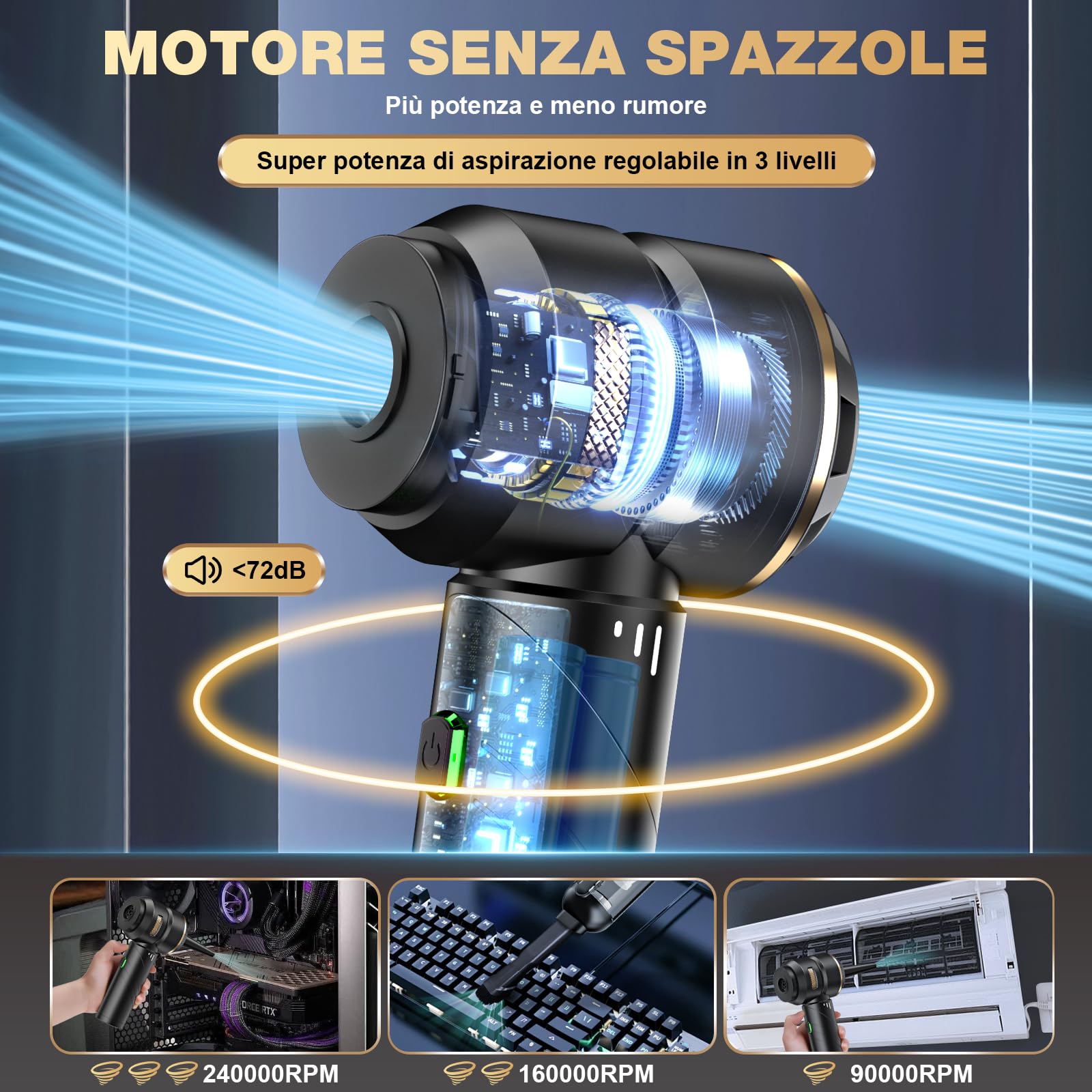 Aspirapolvere a mano a batteria 4 in 1, per auto, forte, 25000 PA senza fili, 3 marce, 220000 giri/min, per auto, cucina, PC, divano, ufficio, pulizia dei peli di animali domestici (giallo oro)