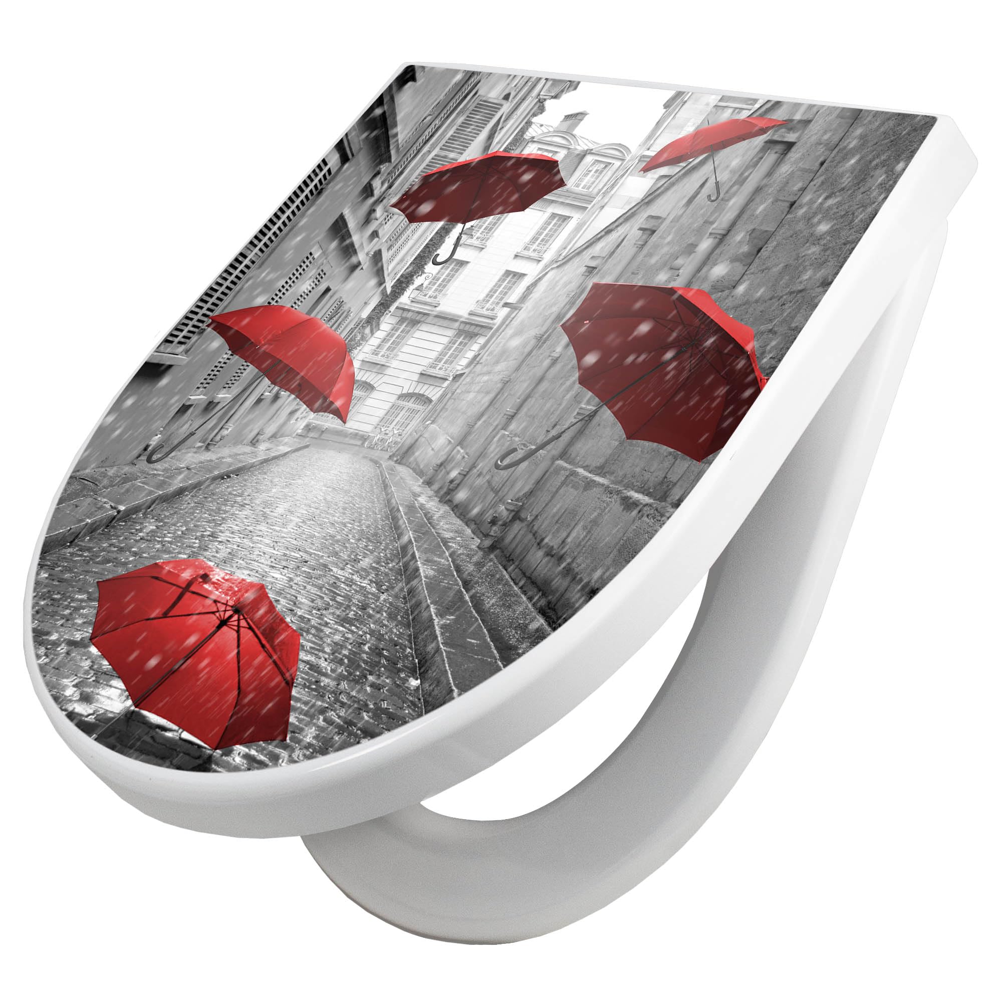 banjado WC Sitz mit Absenkautomatik D Form - Toilettendeckel mit Absenkautomatik D Form - Klodeckel Softclose - stabile Klobrille - Toilettensitz Weiß - Motiv Rote Schirme