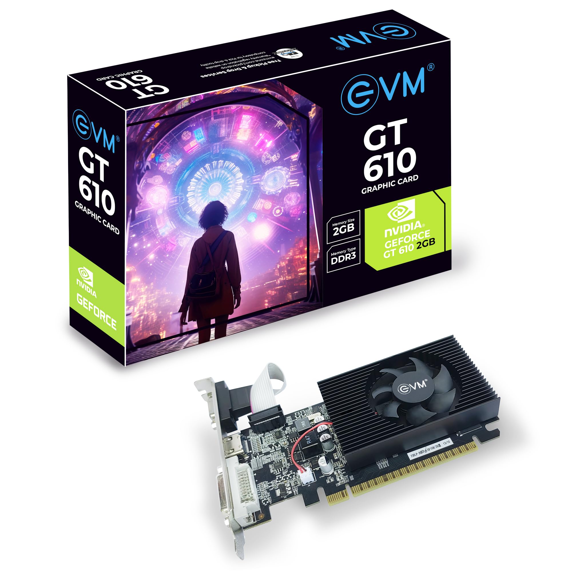 EVM 2GB Nvidia GeForce GT610 Graphics Card - DDR3 - VGA, HDMI, DVI Outputs - High-Resolution 1920x1080 - Heat Sink with Fan - PCIe 2.0 Support - 3 Years Warranty (EVM-GT610)