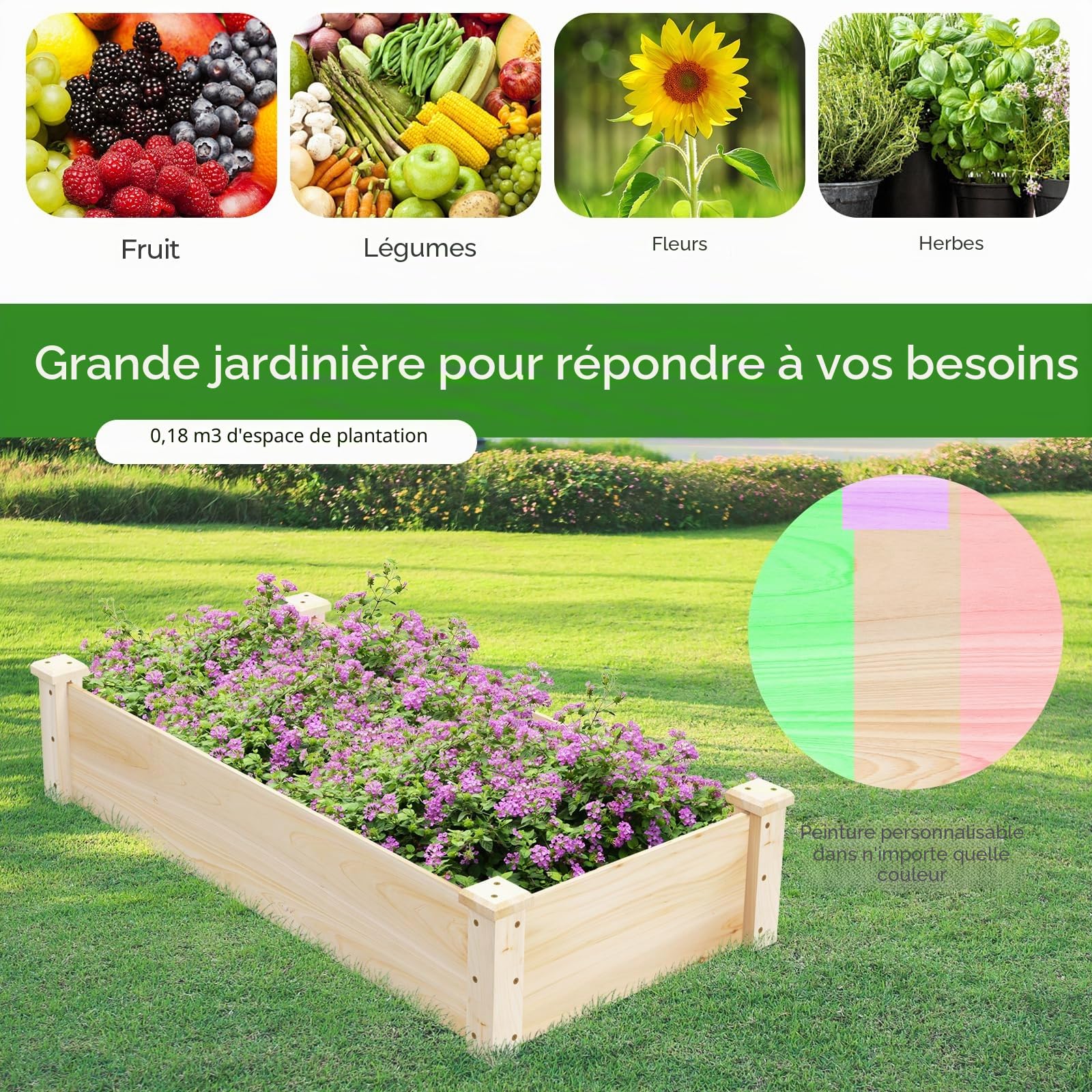HOMASIS Jardinière en Bois de Sapin, Bac à Plantes avec Fond Ouvert, Carré Potager Extérieur, Séparateurs pour Fleurs, Légumes, Fruits, Herbes, Parterre de Jardin, Lit de Jardin pour Balcon Terrasse