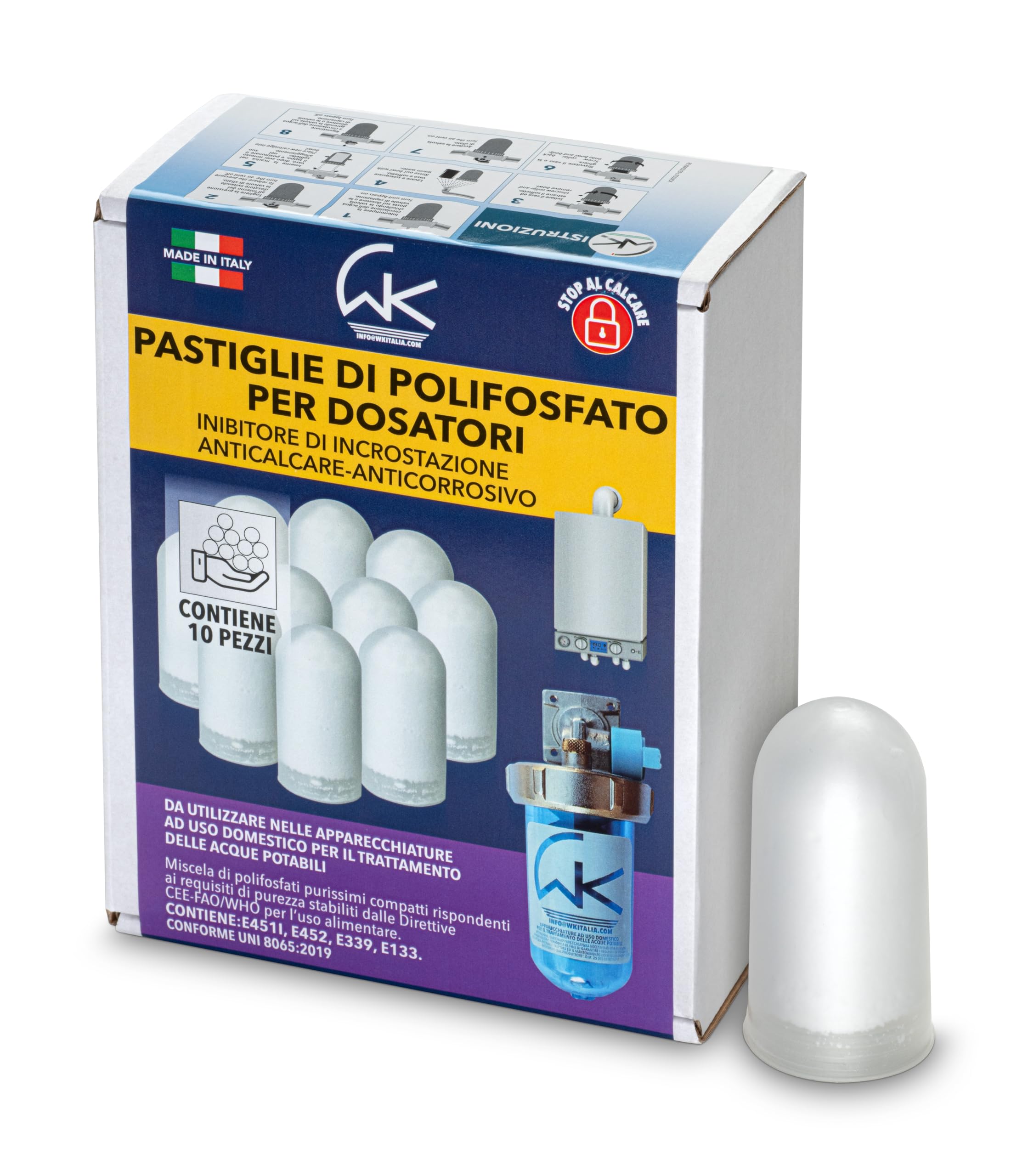 WK - Polifosfati per Caldaia, Ricarica Universale da 10 Pastiglie di Polvere Concentrata per Filtrazione Acqua, Funge da Anticalcare e Anticorrosivo