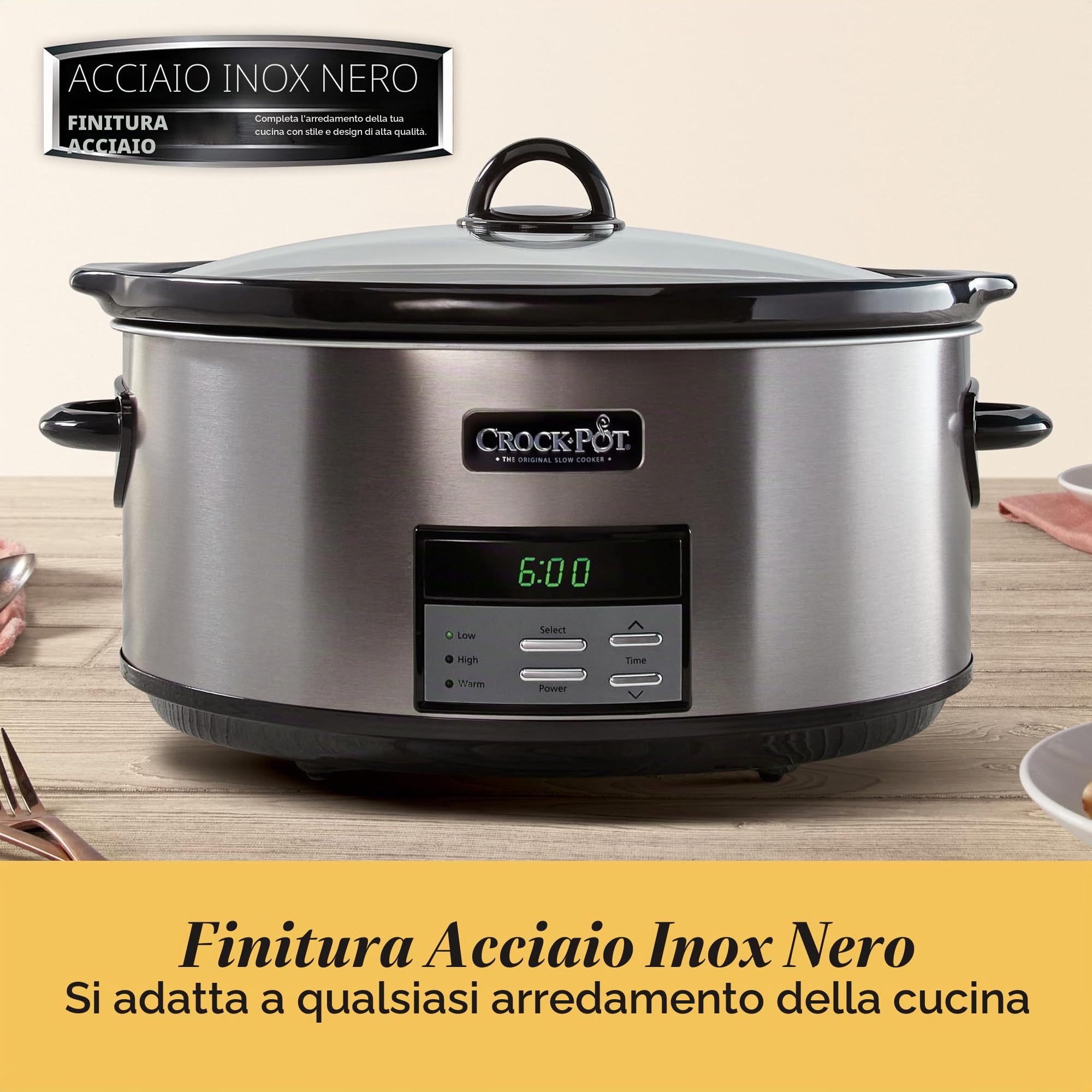 Crockpot Slow Cooker con regolazione automatica del calore e ricettario, in acciaio inox, nero
