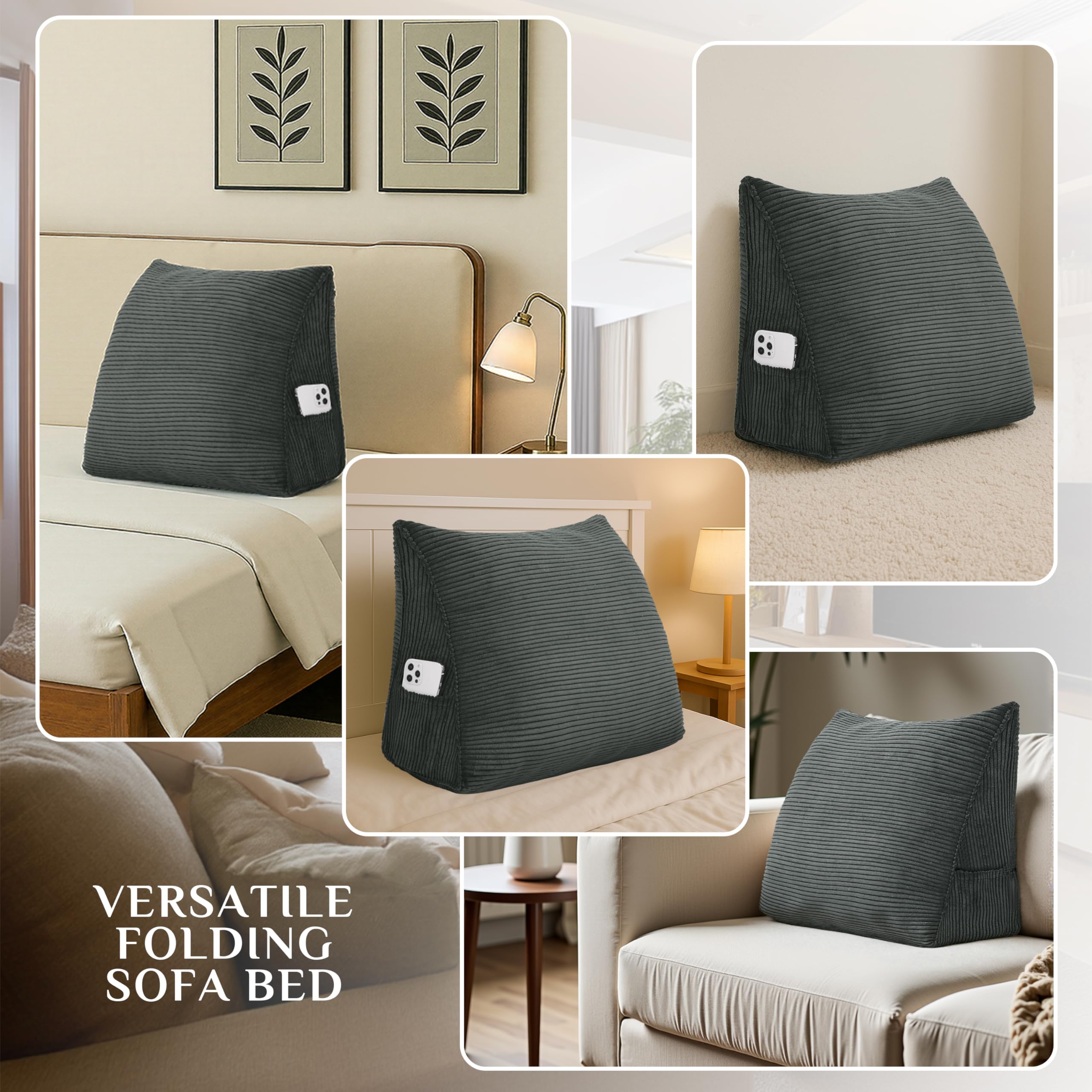 Johnear Linnen boekenkussen, leeskussen, groot bedkussen, driehoekige rugleuning, bedhoofdeinde, wigkussen, wandkussen, lendenkussen voor dagbed, bank, bank, grijs, 45 cm