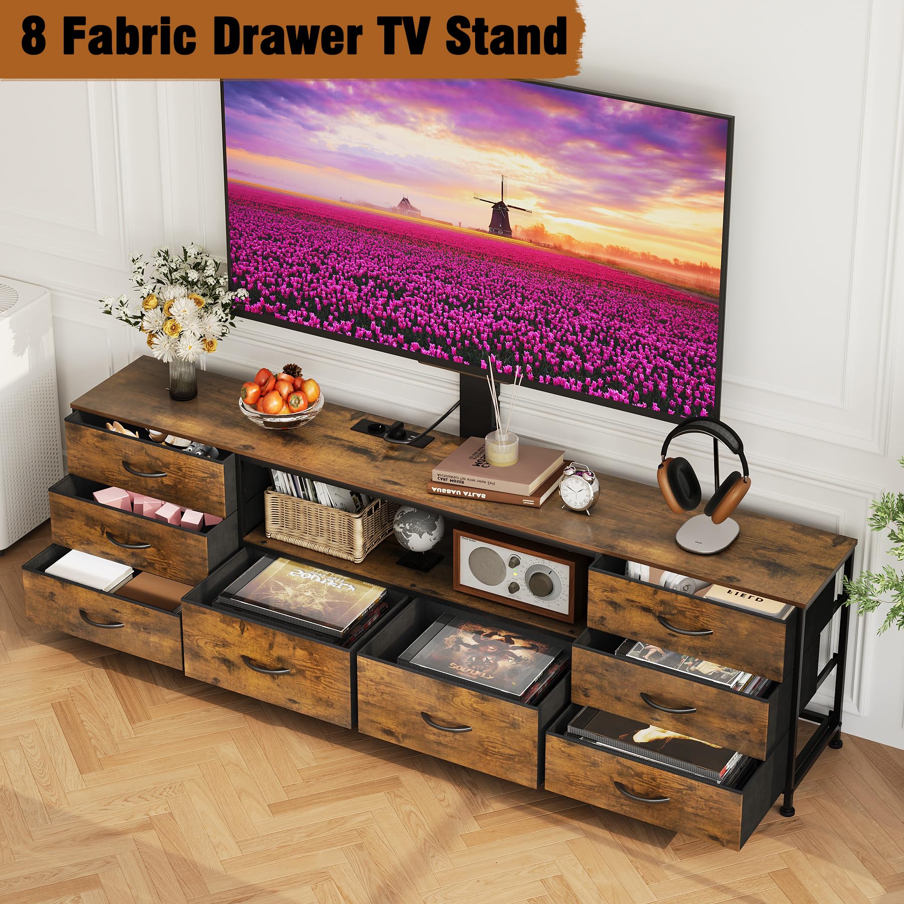 VEDECASA Szafka pod telewizor z uchwytem i listwą zasilającą, 180 cm, z 8 szufladami z materiału i oświetleniem LED, szafka pod telewizor z miejscem do przechowywania telewizorów 32-80", brązowa