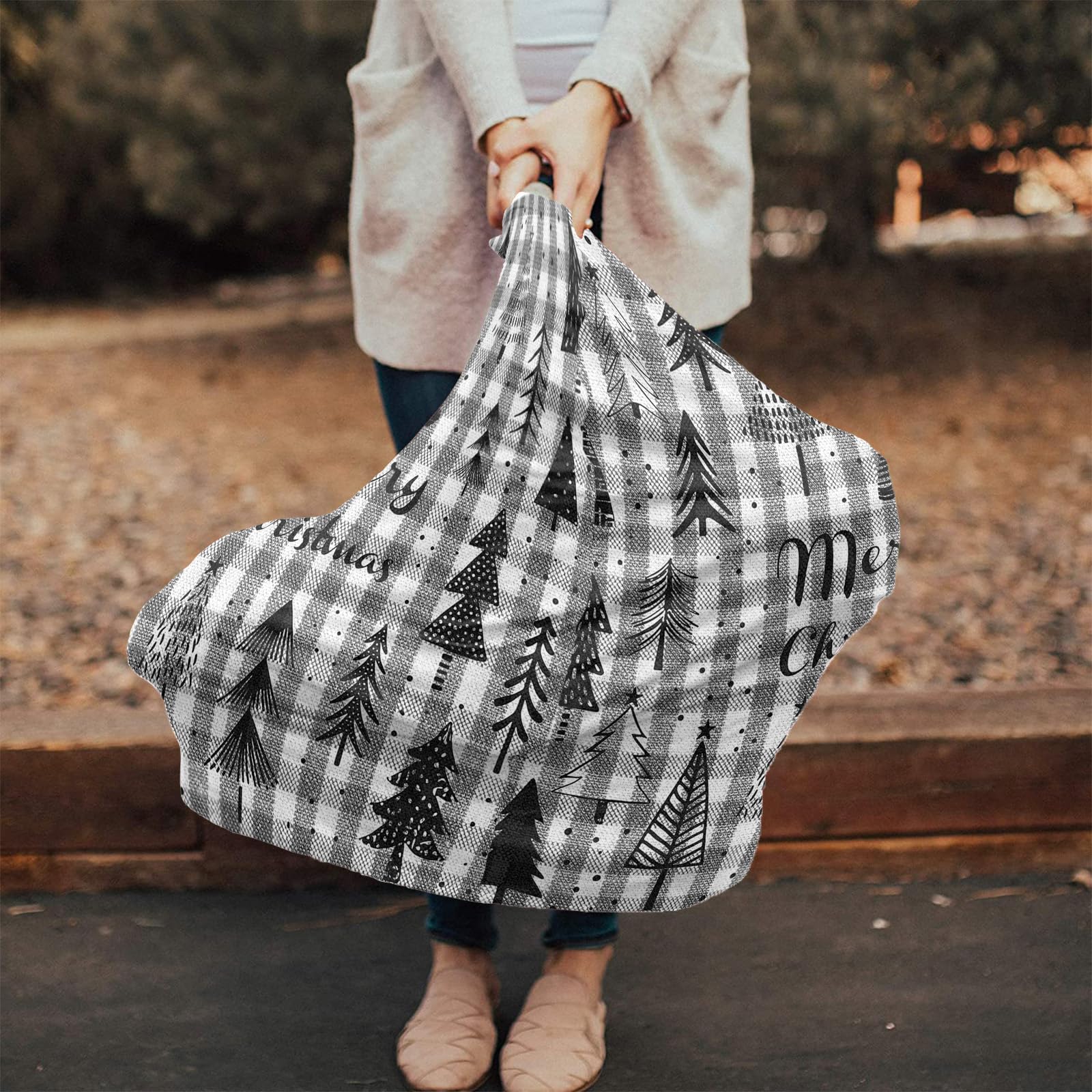 Nursing Cover for Breastfeeding Scarf, Merry Christmas Black Xmas Tree Grey Plaid Baby Car Covers Super Soft Multi Use for Canopy Shopping Cart Cover Blanket Stroller Cover