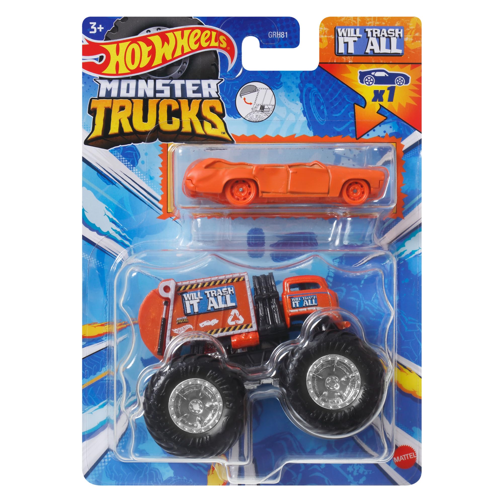 Hot Wheels Monster Trucks Toy Vehicle Truck Will Trash It All + Station Wagon Orange for Kids Ages 3 and Up