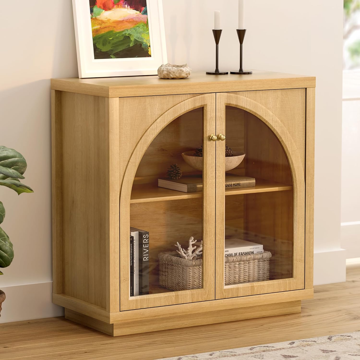 EYYTHUNG Sideboard Buffet Cabinet, Storage Cabinet with Adjustable Shelf Modular Accent Display Case with Acrylic Doors Console Table for Living Room Kitchen Entryway, Natural Oak