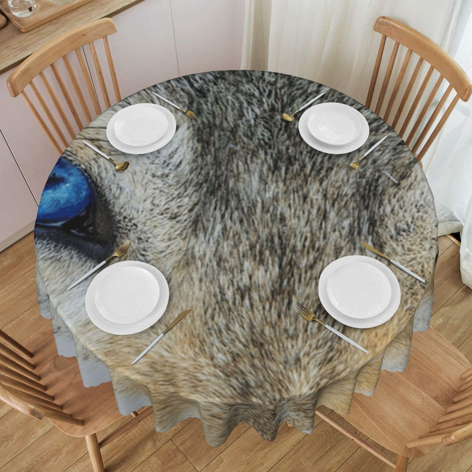DCEHGEW 60 In Round Tablecloth with Lace, Blue Eyes Wolf Printed Oilproof & Washable Fabric Picnic Table Cloth Table Covers