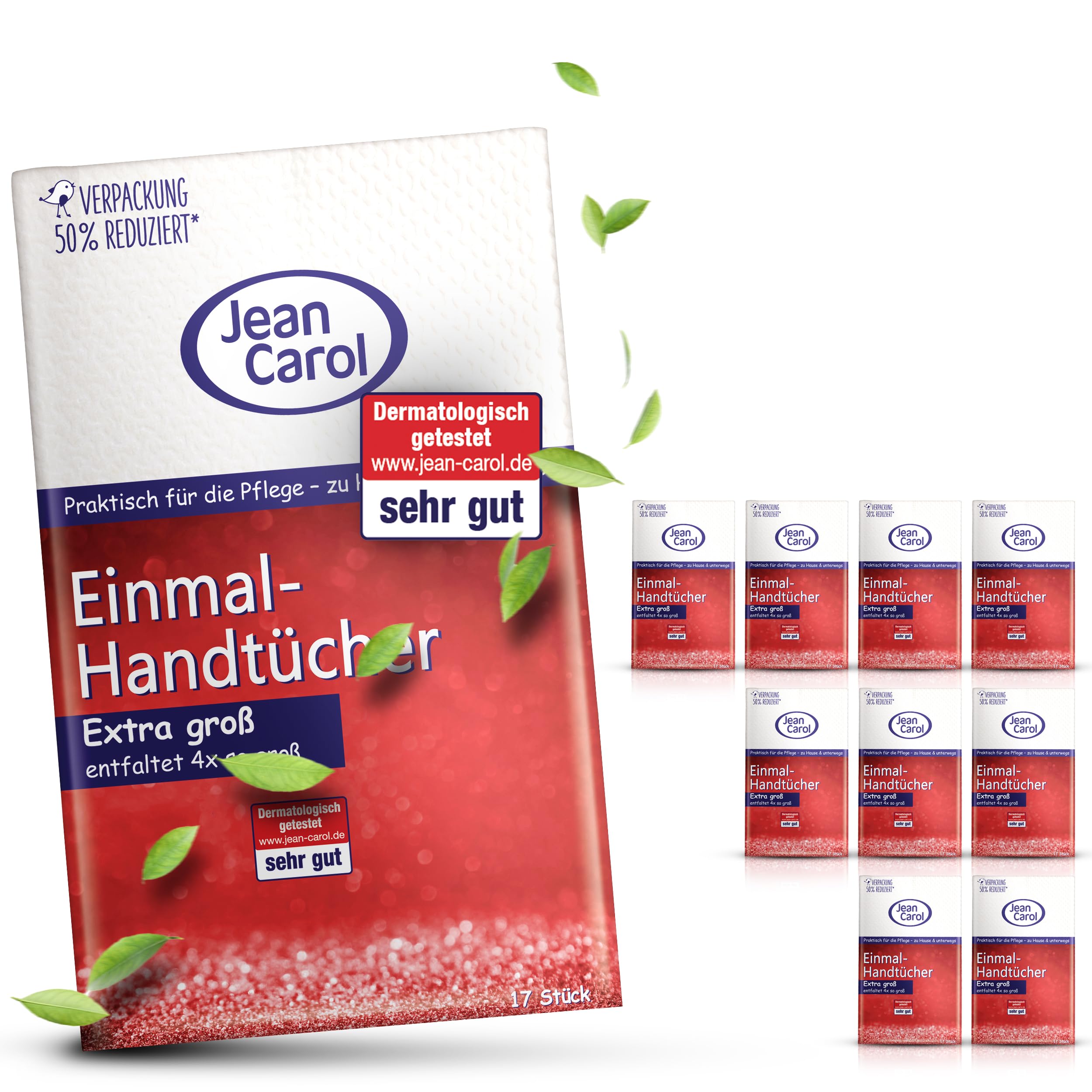 Jean Carol Einmal-Handtücher XXL, Extra stark, 17 Stück, 11er Pack (11 x 17 Stück), trockene Tücher für zuhause und auf Reisen