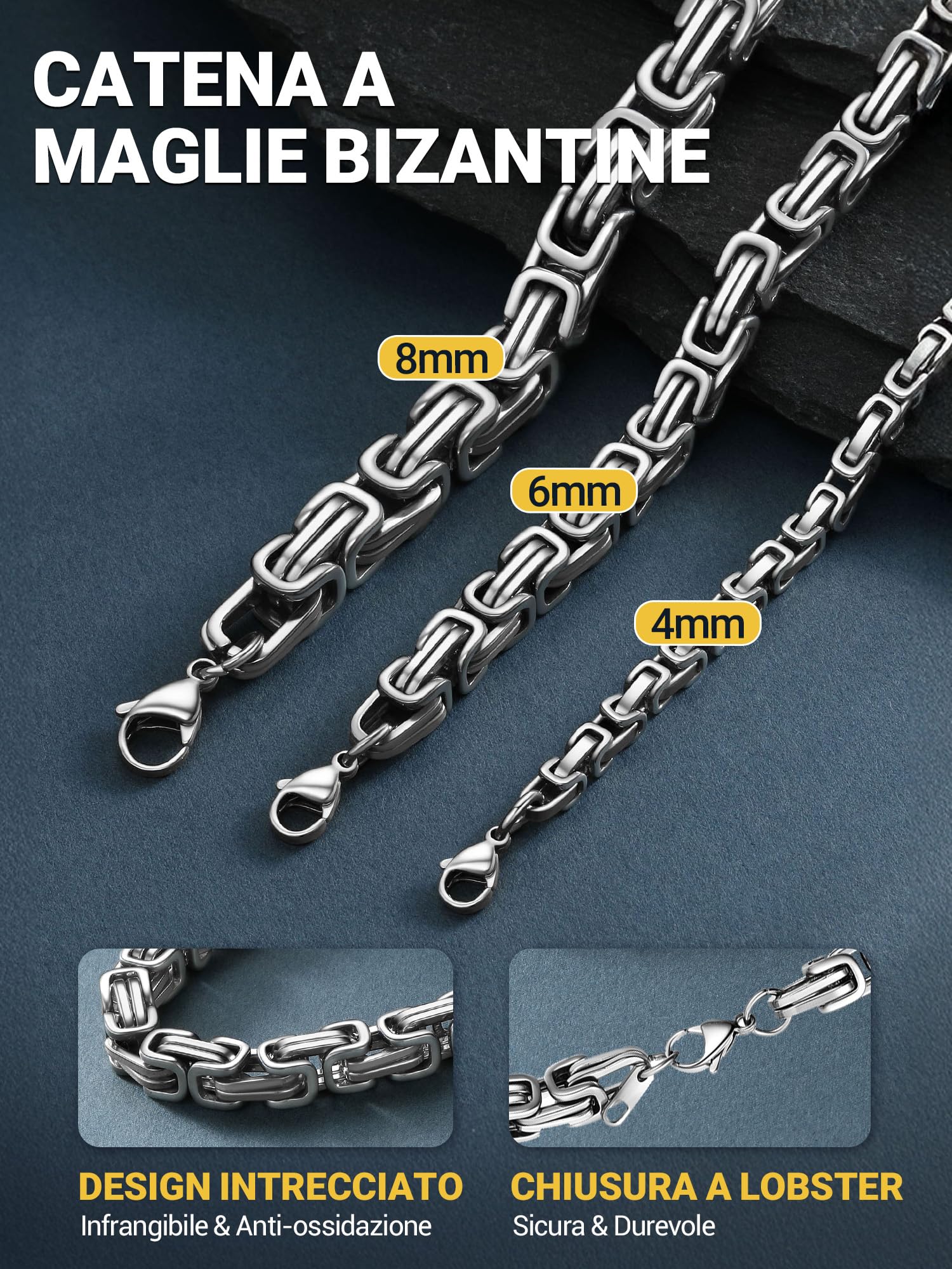 PROSTEEL Bizantina Collana Uomo Acciaio a Catena Catenina Uomo Argento Nero 18K Oro Catena Punk Bizantina Hiphop Punk 4MM 6MM Impermeabile Non scolorisce