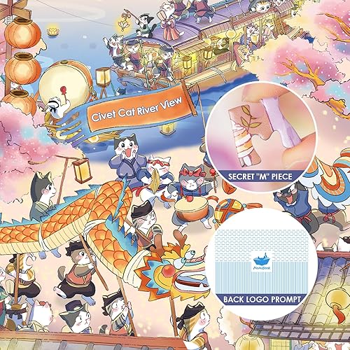 Vista 3 de MOMIBOOK Rompecabezas de 1000 piezas para adultos, rompecabezas de Civet Cat River View, imagen de pintura, rompecabezas de gato chino, desafiante